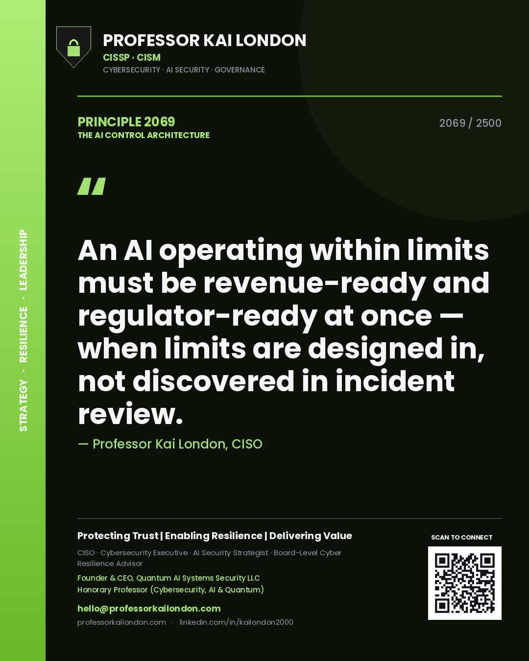 Professor Kai London principle 2069: An AI operating within limits must be revenue-ready and regulator-ready at once — when limits are designed in, not discovered in incident review.