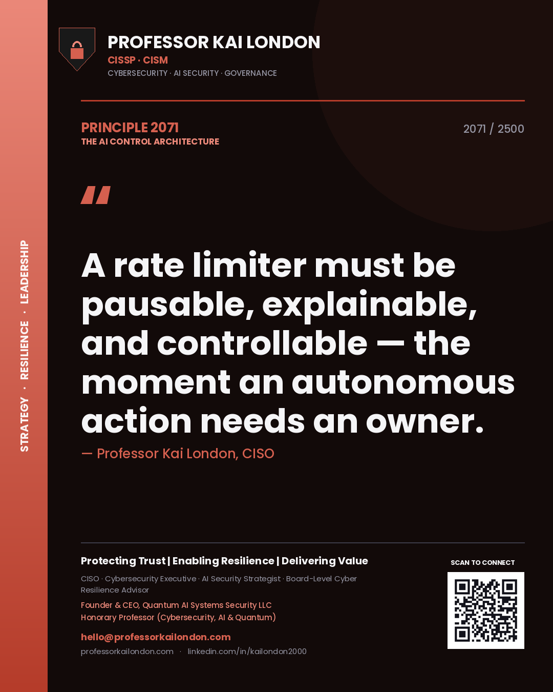 Quote card by Professor Kai London reading 'A rate limiter must be pausable, explainable, and controllable — the moment an autonomous action needs an owner.'. From the book The AI Control Architecture.