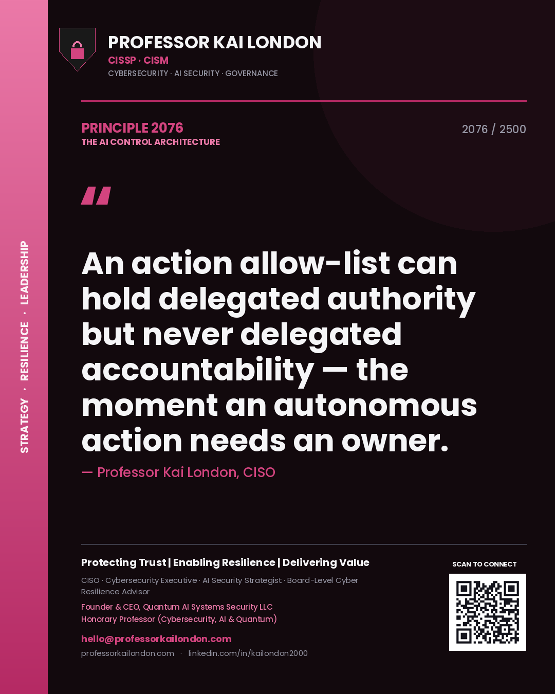 Professor Kai London principle 2076: An action allow-list can hold delegated authority but never delegated accountability — the moment an autonomous action needs an owner.