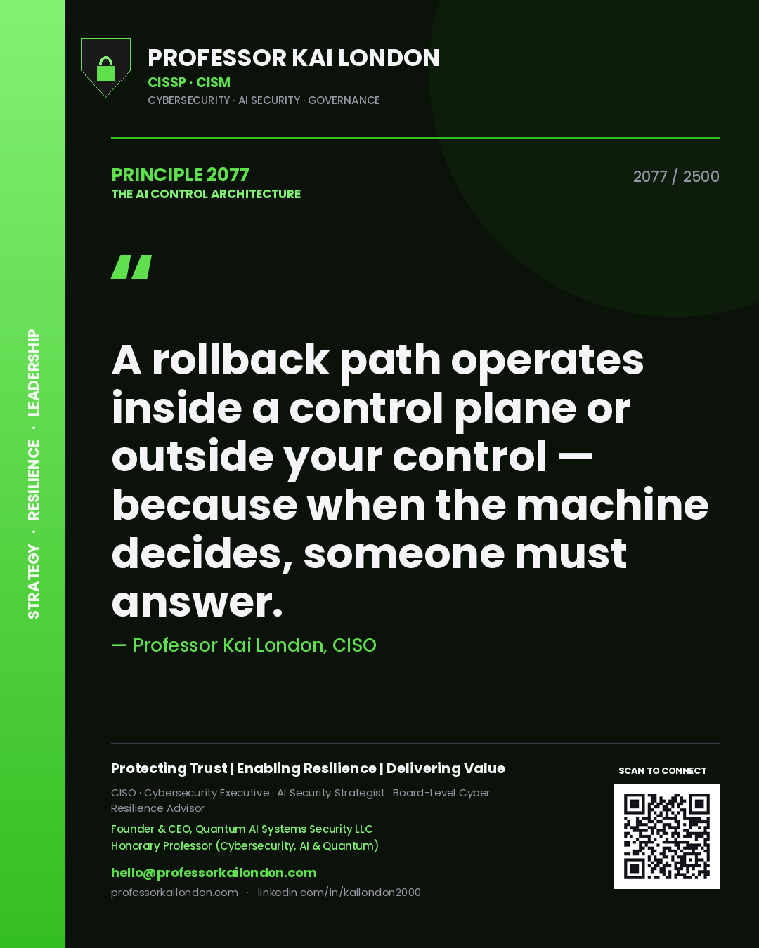 Quote card by Professor Kai London reading 'A rollback path operates inside a control plane or outside your control — because when the machine decides, someone must answer.'. From the book The AI Control Architecture.