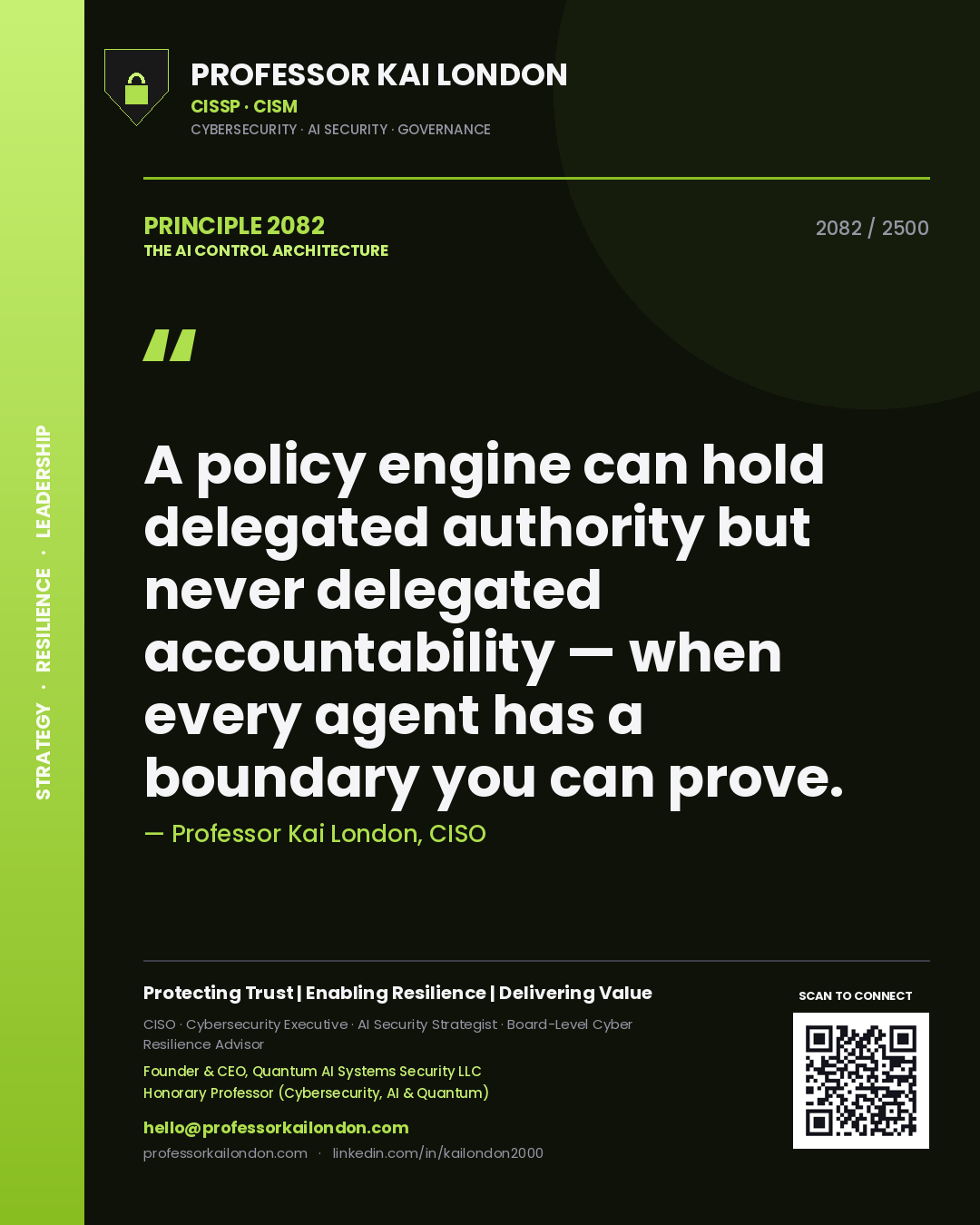 Professor Kai London principle 2082: A policy engine can hold delegated authority but never delegated accountability — when every agent has a boundary you can prove.