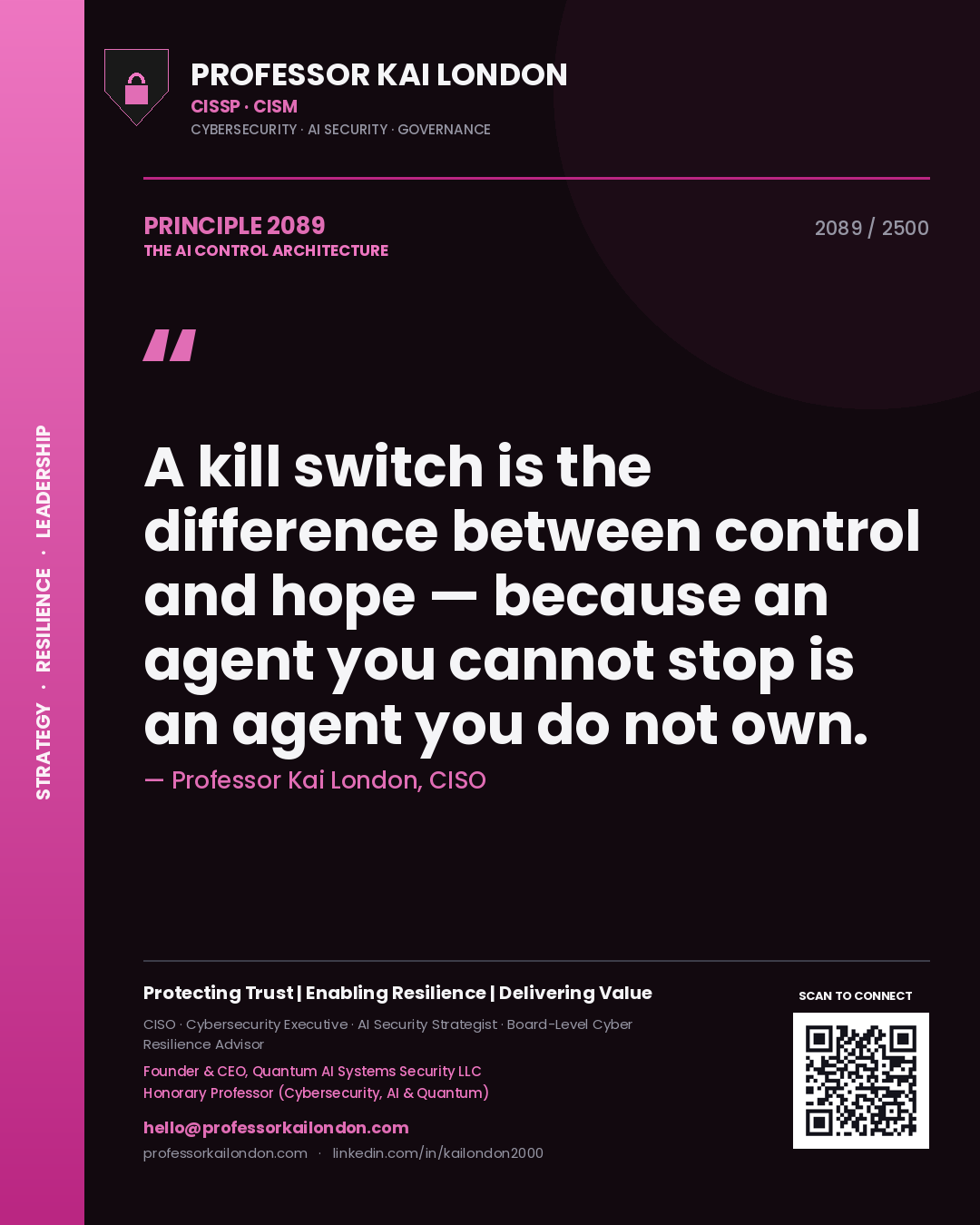 Quote card by Professor Kai London reading 'A kill switch is the difference between control and hope — because an agent you cannot stop is an agent you do not own.'. From the book The AI Control Architecture.