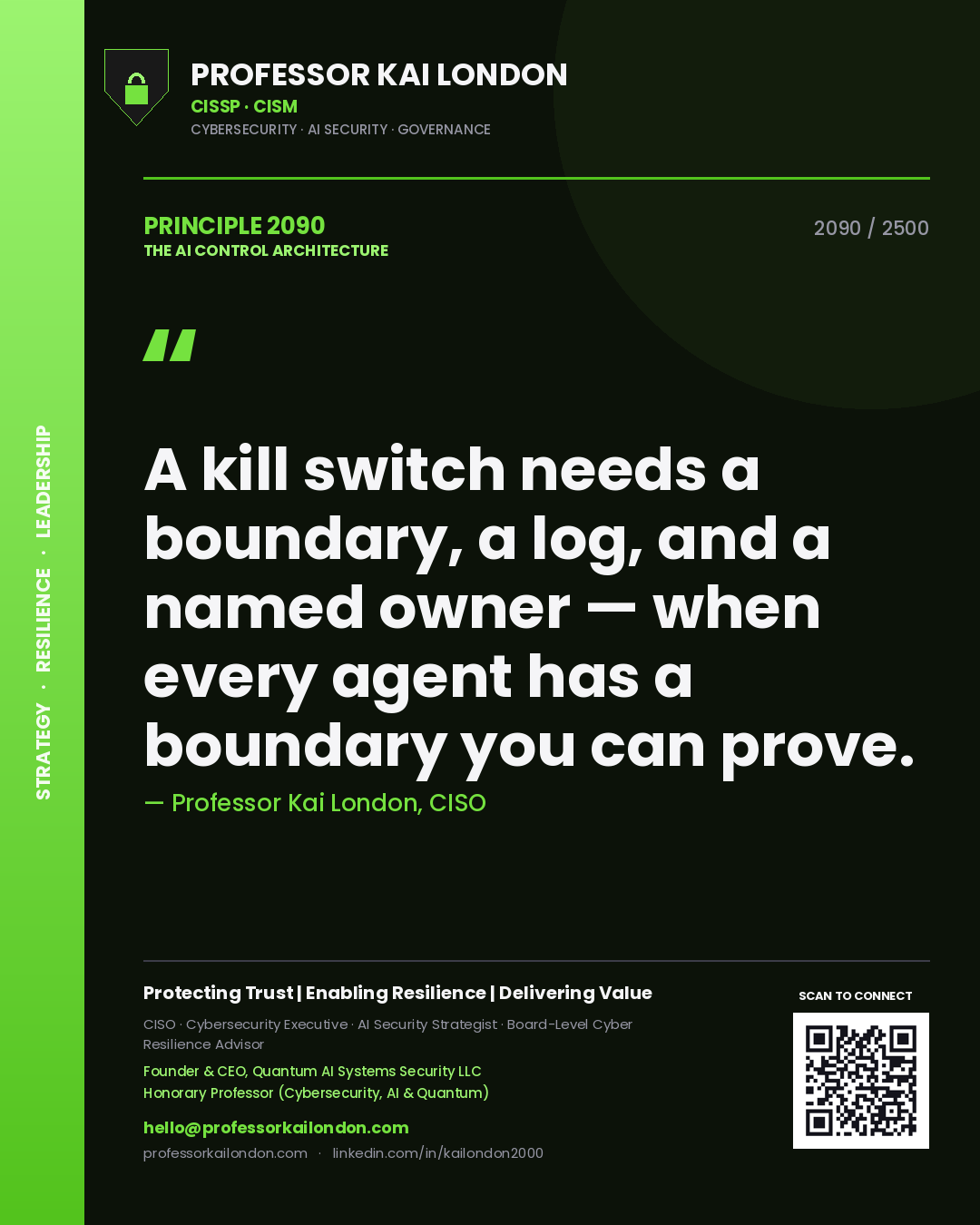 Professor Kai London principle 2090: A kill switch needs a boundary, a log, and a named owner — when every agent has a boundary you can prove.