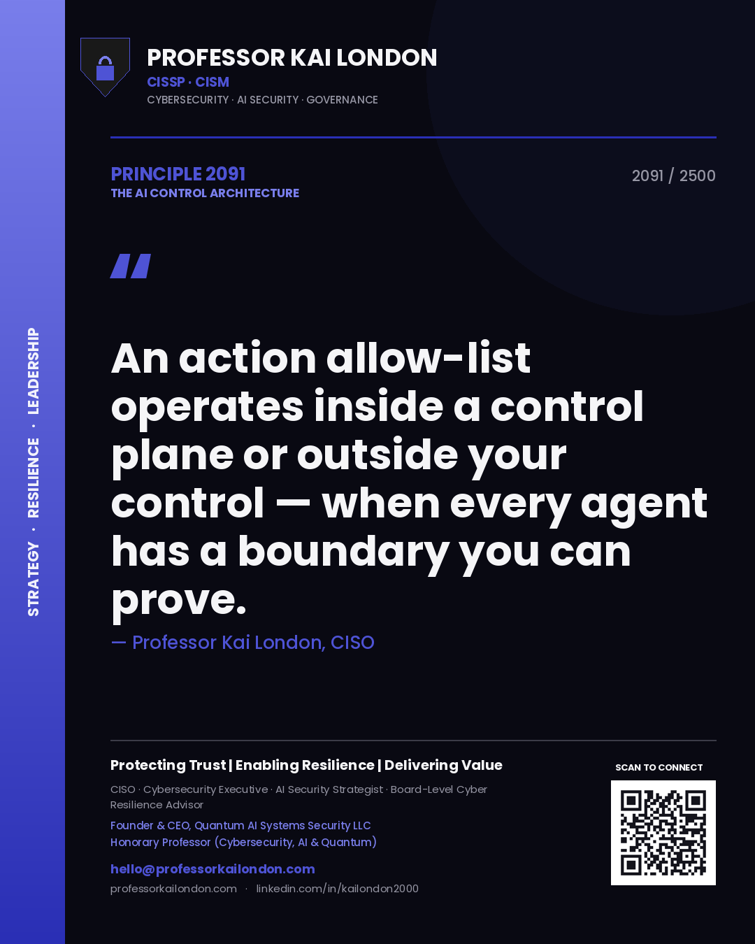 Professor Kai London principle 2091: An action allow-list operates inside a control plane or outside your control — when every agent has a boundary you can prove.