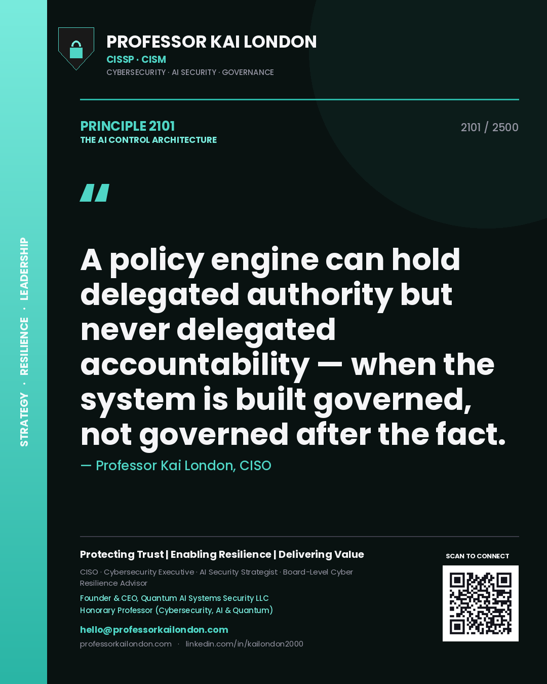 Quote card by Professor Kai London reading 'A policy engine can hold delegated authority but never delegated accountability — when the system is built governed, not governed after the fact.'. From the book The AI Control Architecture.