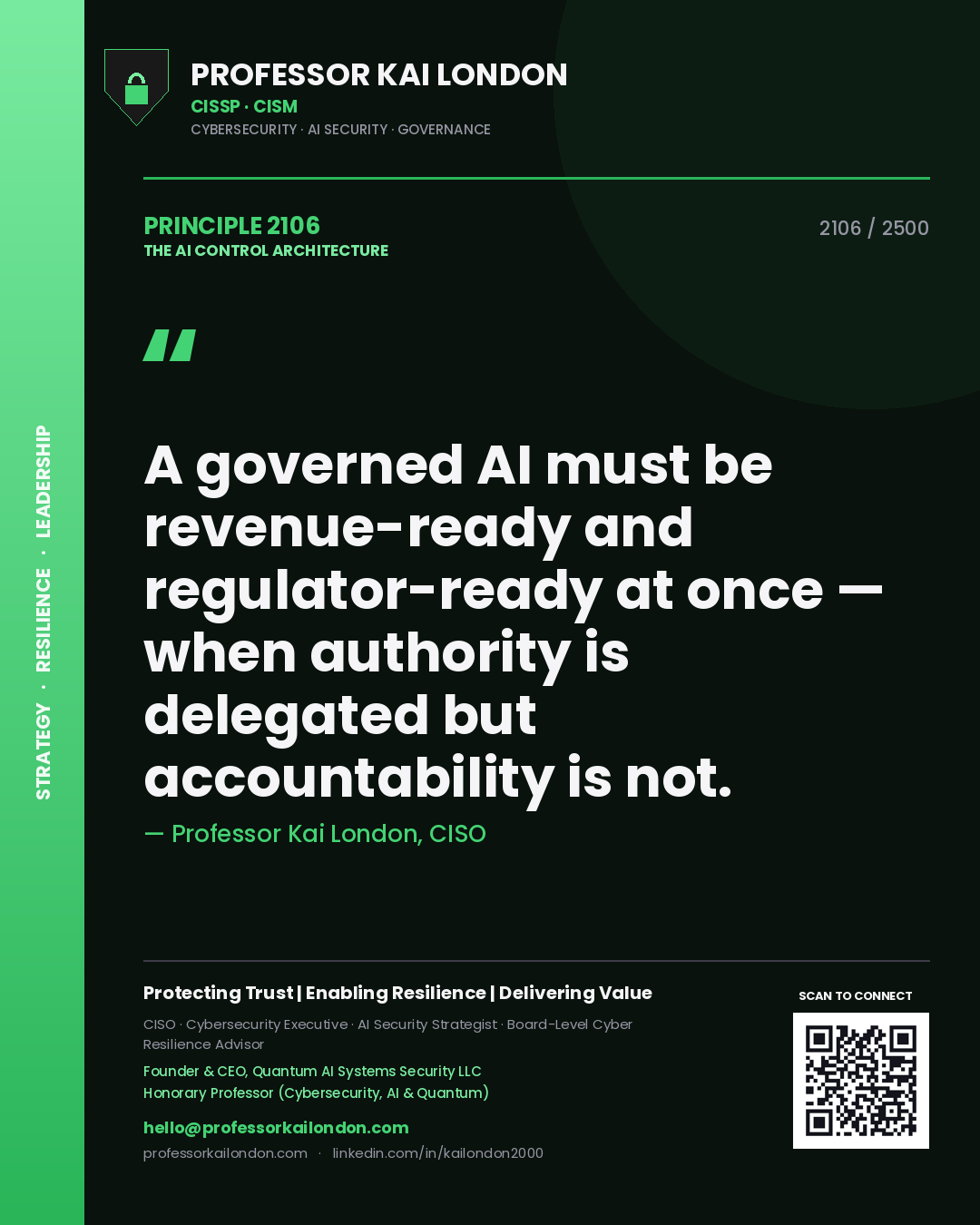 Quote card by Professor Kai London reading 'A governed AI must be revenue-ready and regulator-ready at once — when authority is delegated but accountability is not.'. From the book The AI Control Architecture.