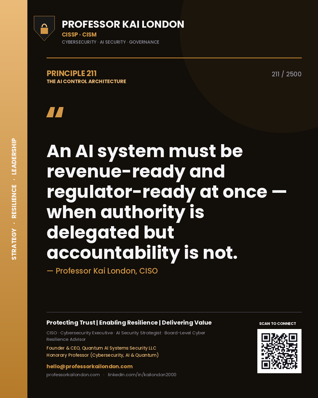 Quote card by Professor Kai London reading 'An AI system must be revenue-ready and regulator-ready at once — when authority is delegated but accountability is not.'. From the book The AI Control Architecture.