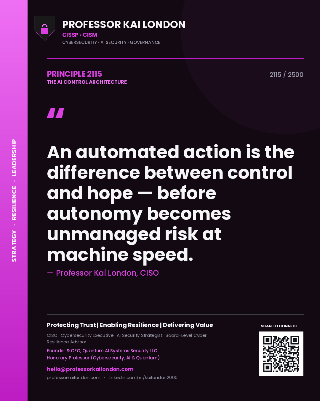 Quote card by Professor Kai London reading 'An automated action is the difference between control and hope — before autonomy becomes unmanaged risk at machine speed.'. From the book The AI Control Architecture.