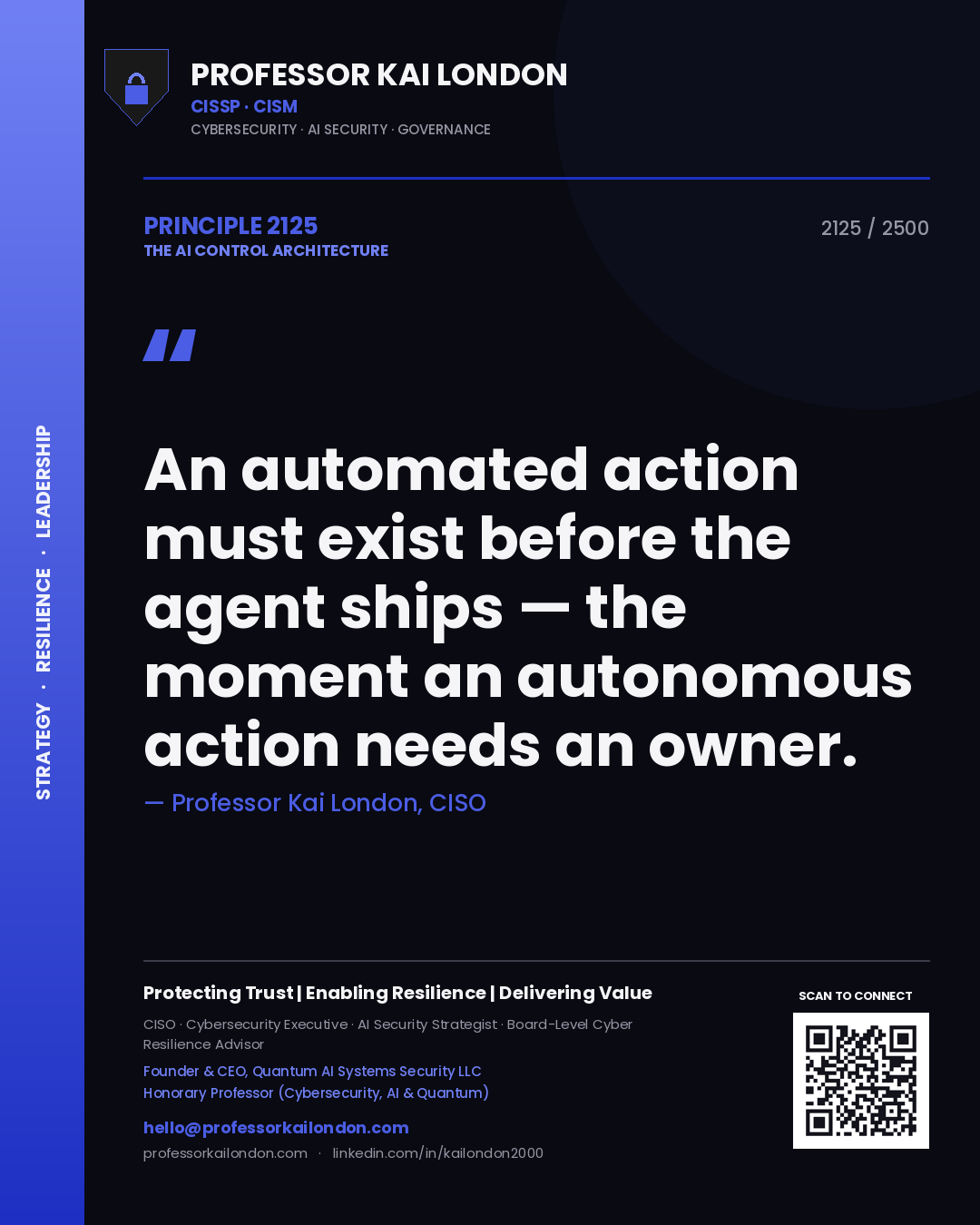 Quote card by Professor Kai London reading 'An automated action must exist before the agent ships — the moment an autonomous action needs an owner.'. From the book The AI Control Architecture.