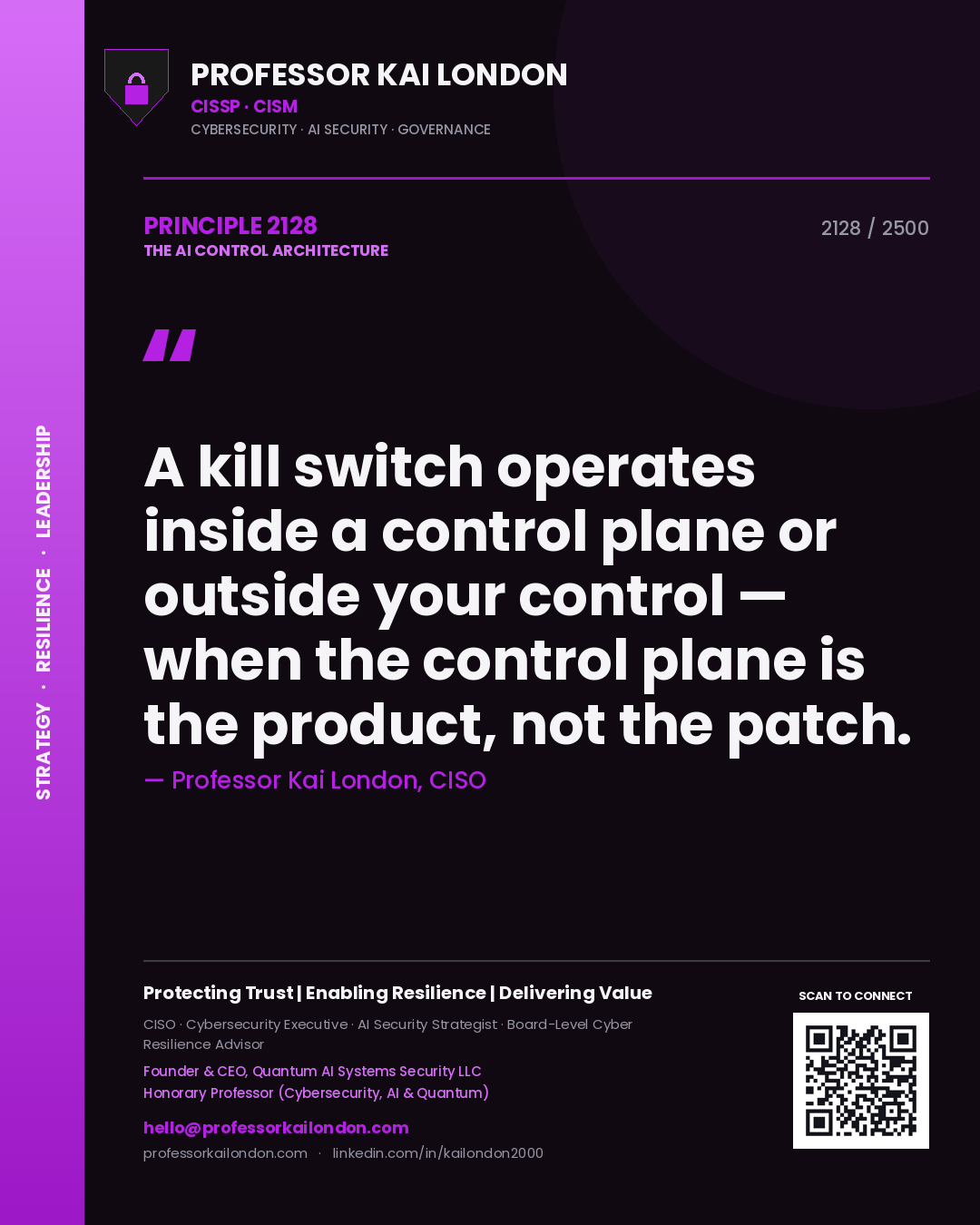 Quote card by Professor Kai London reading 'A kill switch operates inside a control plane or outside your control — when the control plane is the product, not the patch.'. From the book The AI Control Architecture.