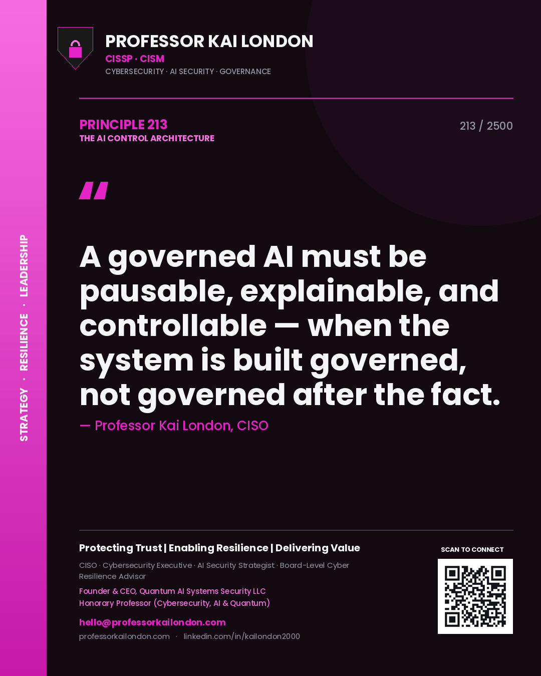 Quote card by Professor Kai London reading 'A governed AI must be pausable, explainable, and controllable — when the system is built governed, not governed after the fact.'. From the book The AI Control Architecture.