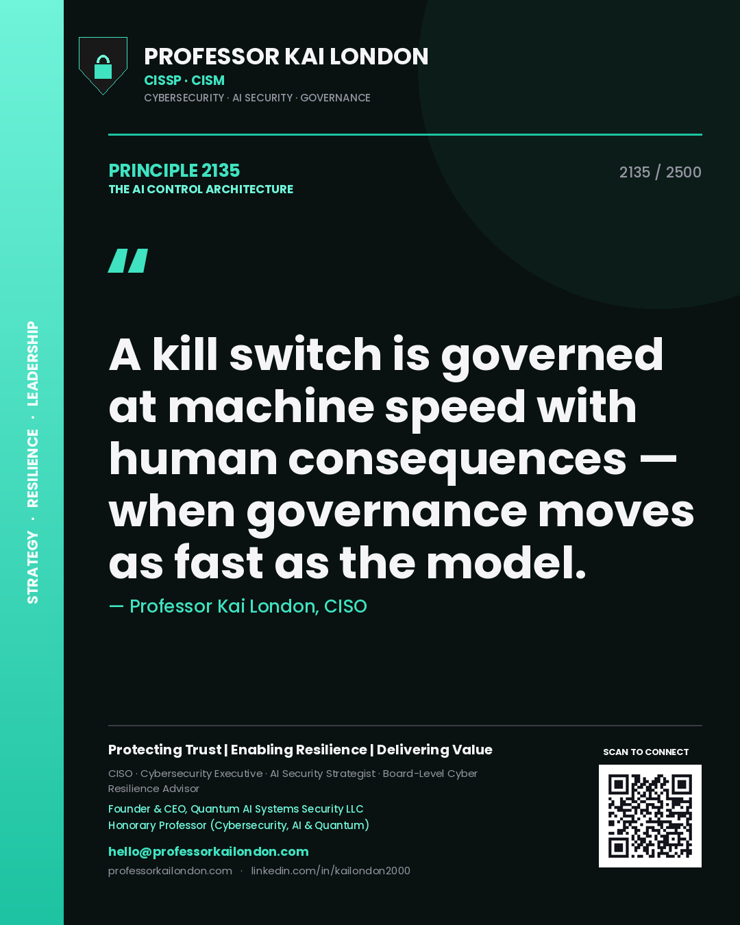 Quote card by Professor Kai London reading 'A kill switch is governed at machine speed with human consequences — when governance moves as fast as the model.'. From the book The AI Control Architecture.