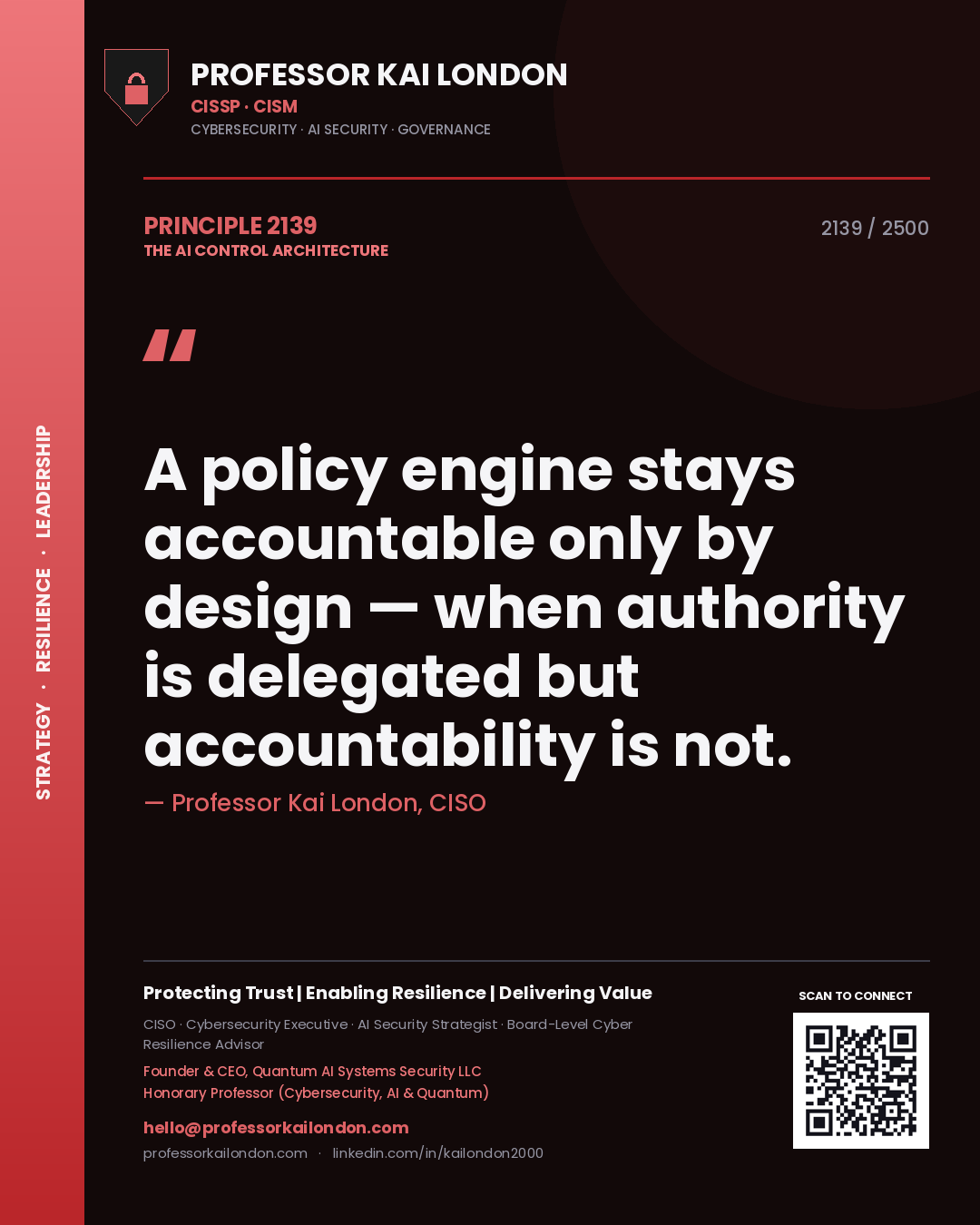 Quote card by Professor Kai London reading 'A policy engine stays accountable only by design — when authority is delegated but accountability is not.'. From the book The AI Control Architecture.