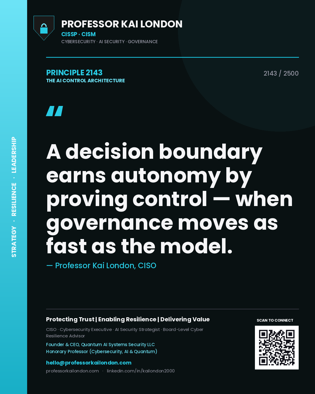 Quote card by Professor Kai London reading 'A decision boundary earns autonomy by proving control — when governance moves as fast as the model.'. From the book The AI Control Architecture.