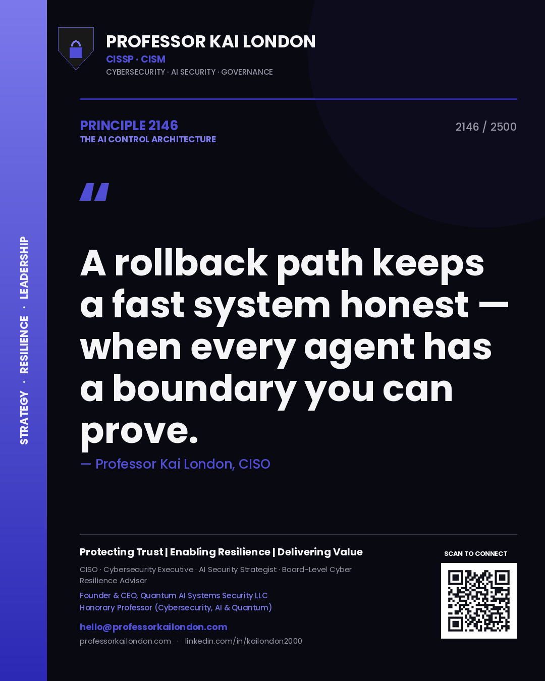 Quote card by Professor Kai London reading 'A rollback path keeps a fast system honest — when every agent has a boundary you can prove.'. From the book The AI Control Architecture.