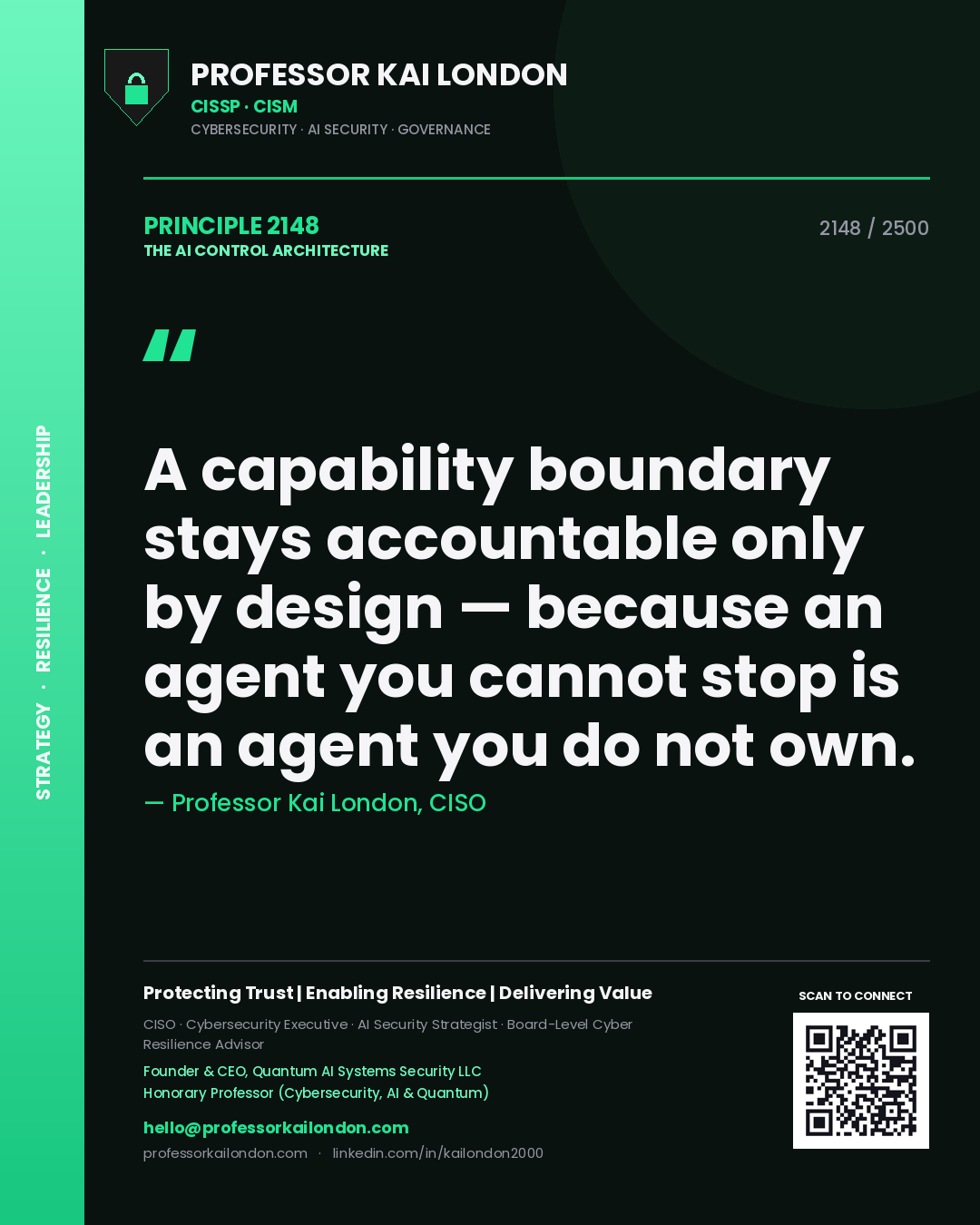Professor Kai London principle 2148: A capability boundary stays accountable only by design — because an agent you cannot stop is an agent you do not own.