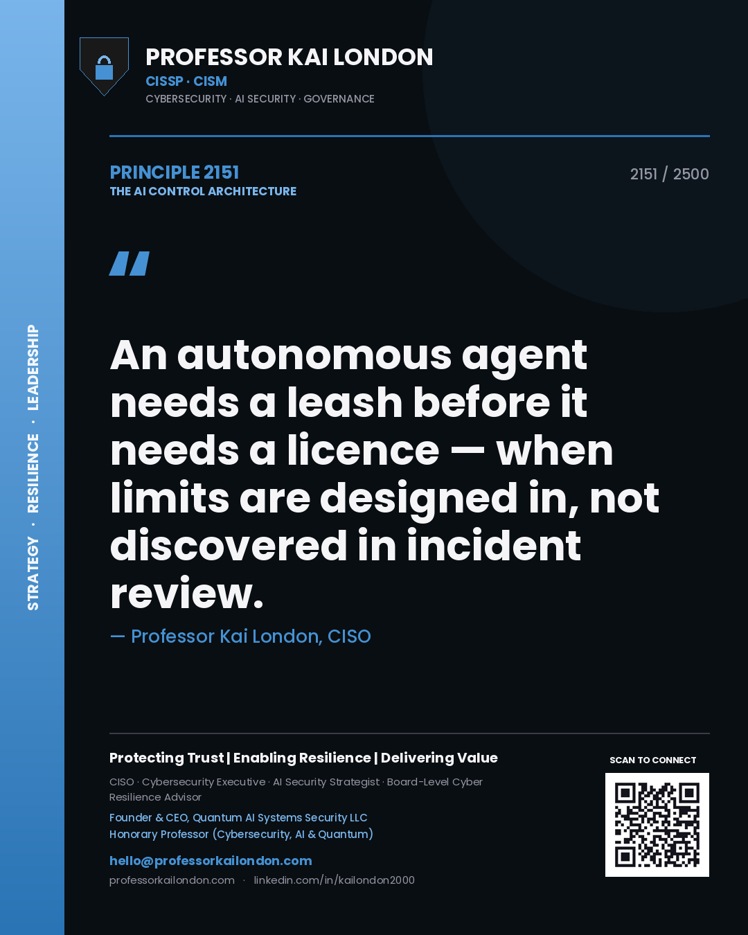Quote card by Professor Kai London reading 'An autonomous agent needs a leash before it needs a licence — when limits are designed in, not discovered in incident review.'. From the book The AI Control Architecture.