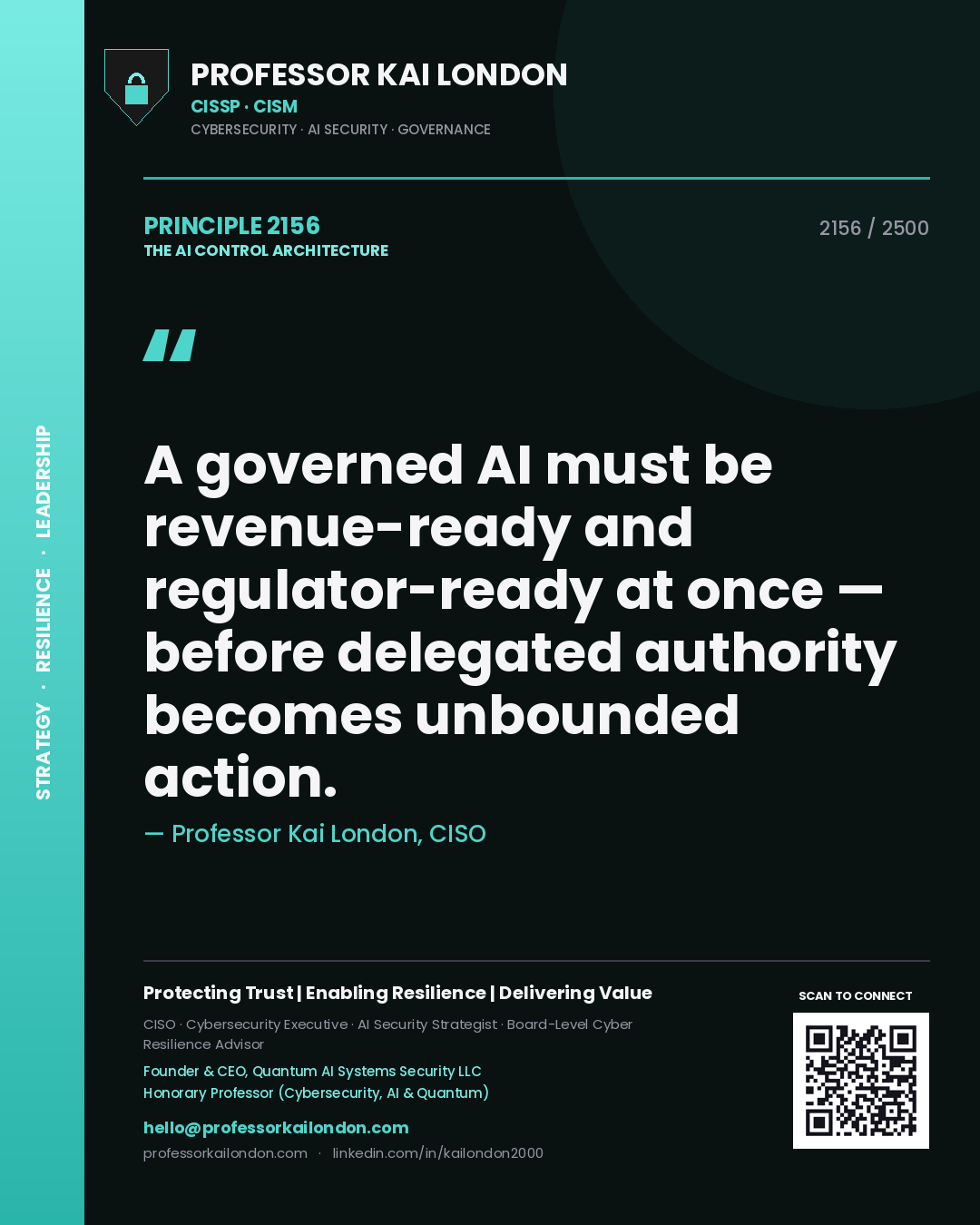 Quote card by Professor Kai London reading 'A governed AI must be revenue-ready and regulator-ready at once — before delegated authority becomes unbounded action.'. From the book The AI Control Architecture.