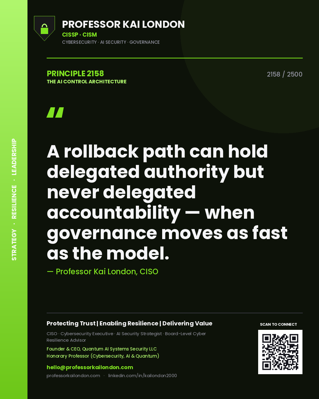 Quote card by Professor Kai London reading 'A rollback path can hold delegated authority but never delegated accountability — when governance moves as fast as the model.'. From the book The AI Control Architecture.