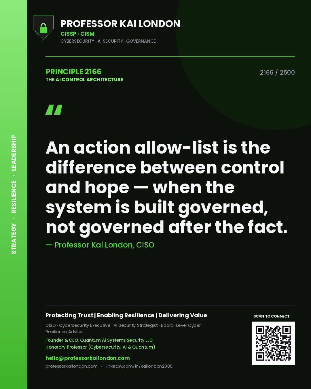 Quote card by Professor Kai London reading 'An action allow-list is the difference between control and hope — when the system is built governed, not governed after the fact.'. From the book The AI Control Architecture.