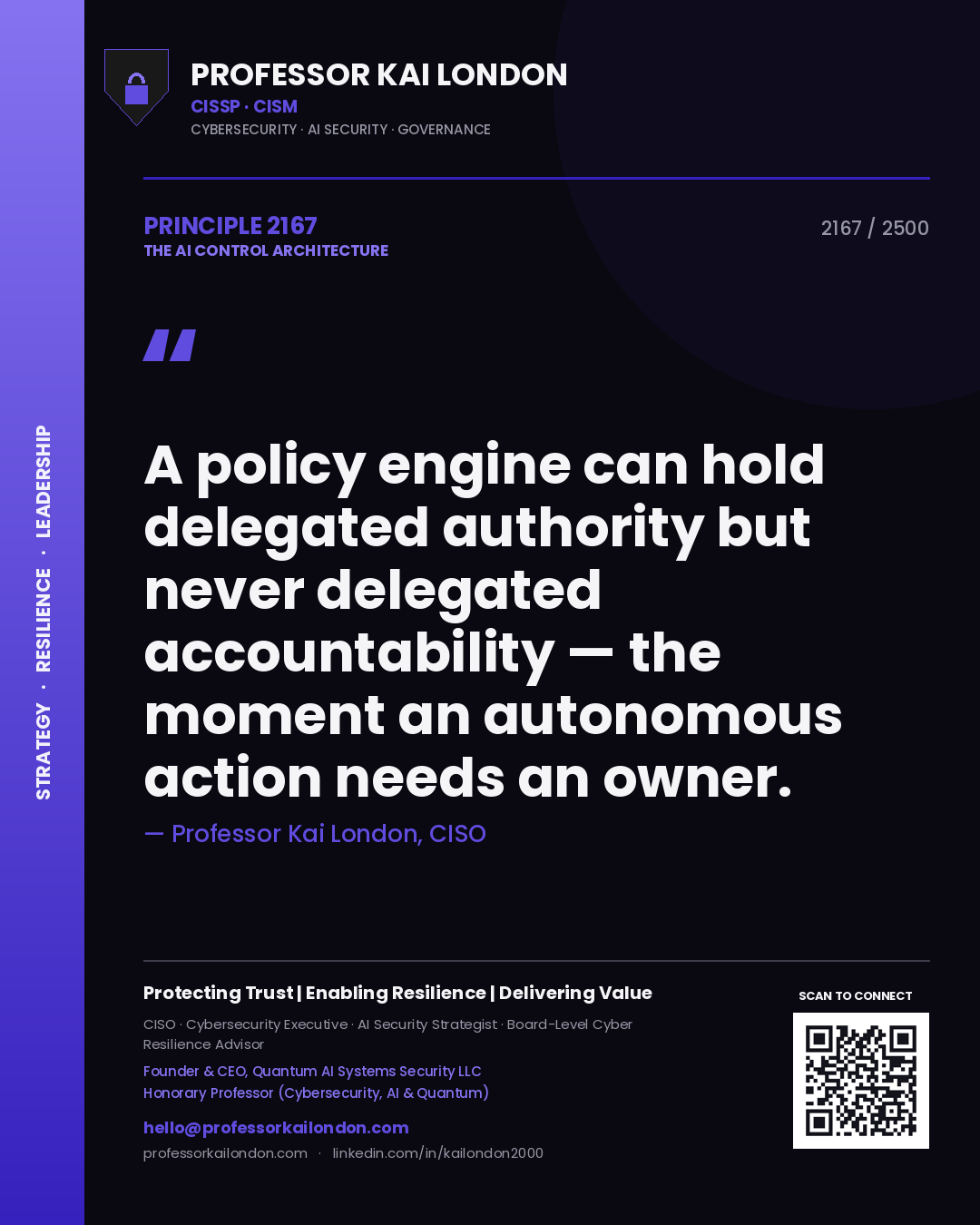 Professor Kai London principle 2167: A policy engine can hold delegated authority but never delegated accountability — the moment an autonomous action needs an owner.