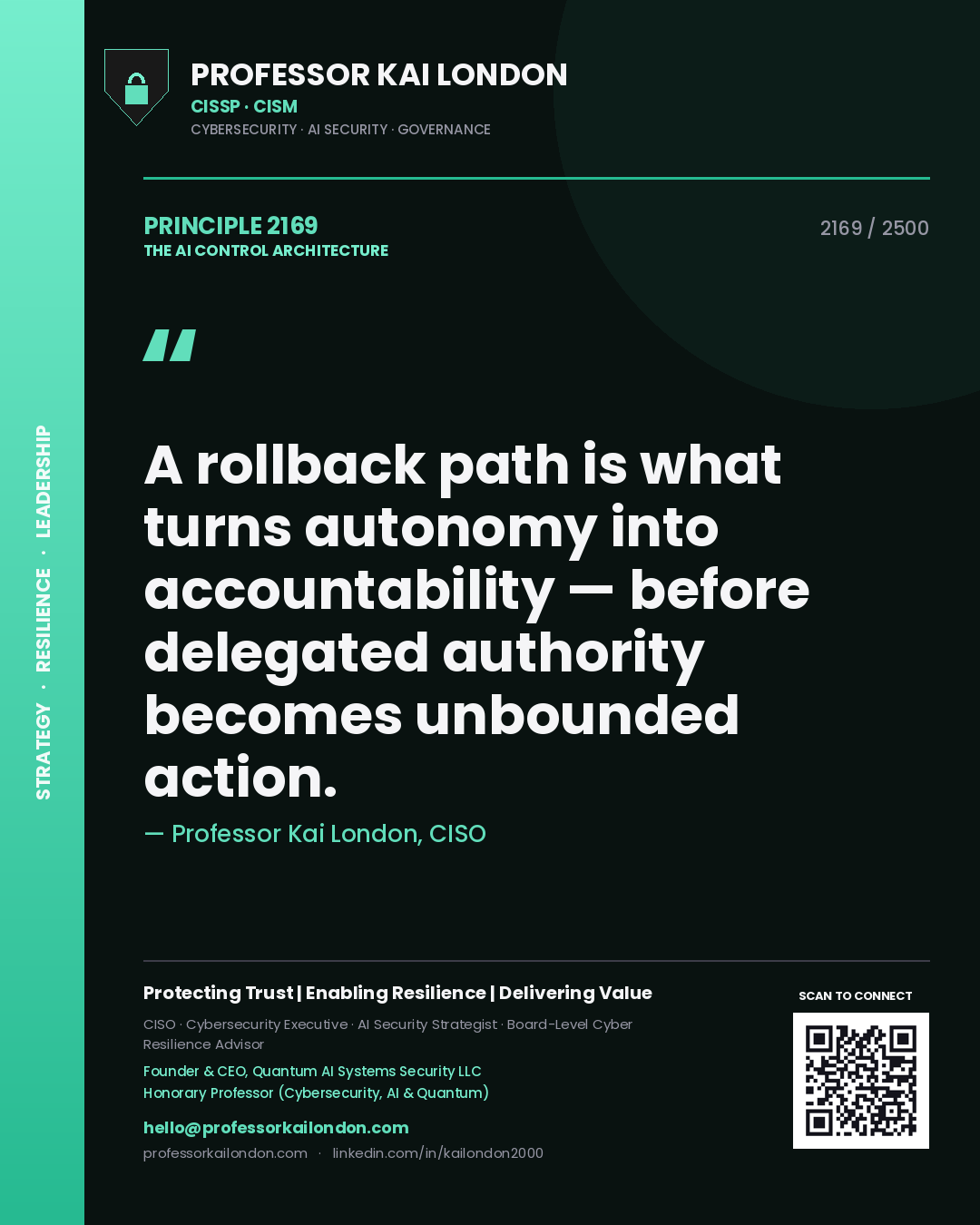Quote card by Professor Kai London reading 'A rollback path is what turns autonomy into accountability — before delegated authority becomes unbounded action.'. From the book The AI Control Architecture.