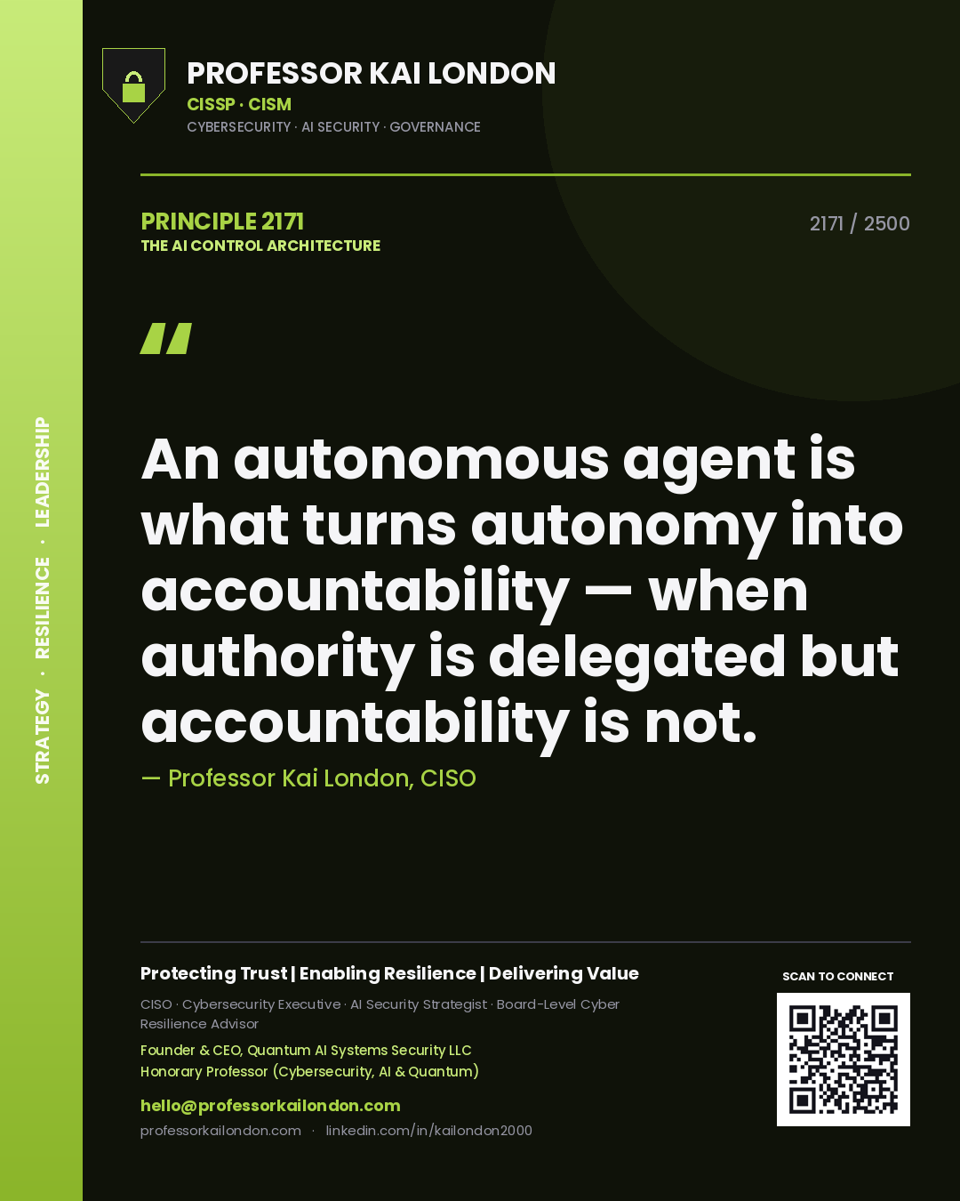 Quote card by Professor Kai London reading 'An autonomous agent is what turns autonomy into accountability — when authority is delegated but accountability is not.'. From the book The AI Control Architecture.