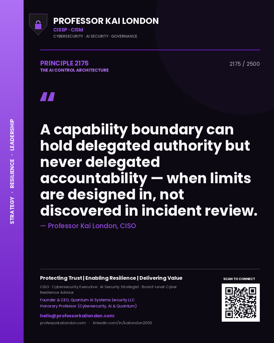 Quote card by Professor Kai London reading 'A capability boundary can hold delegated authority but never delegated accountability — when limits are designed in, not discovered in incident review.'. From the book The AI Control Architecture.