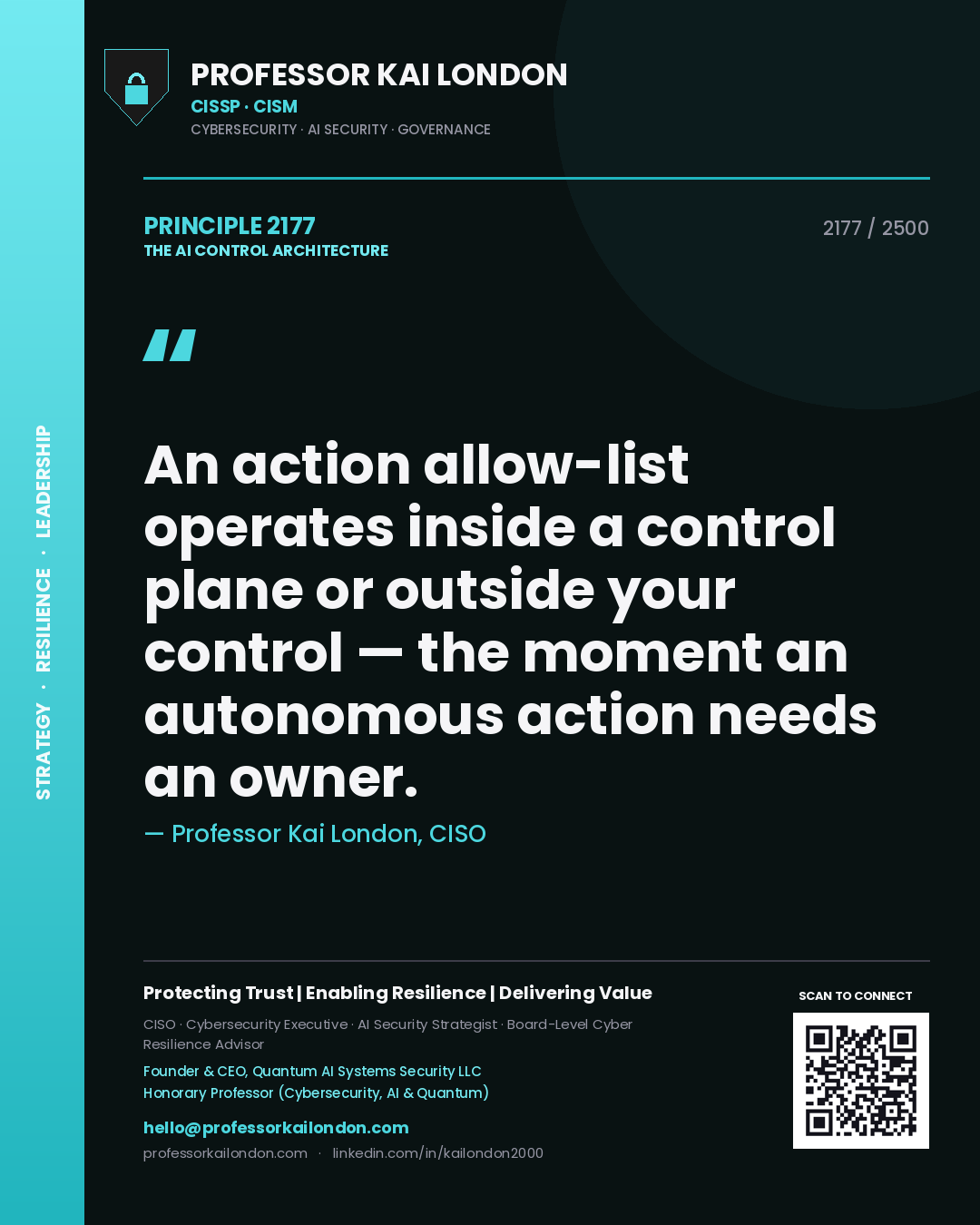 Quote card by Professor Kai London reading 'An action allow-list operates inside a control plane or outside your control — the moment an autonomous action needs an owner.'. From the book The AI Control Architecture.