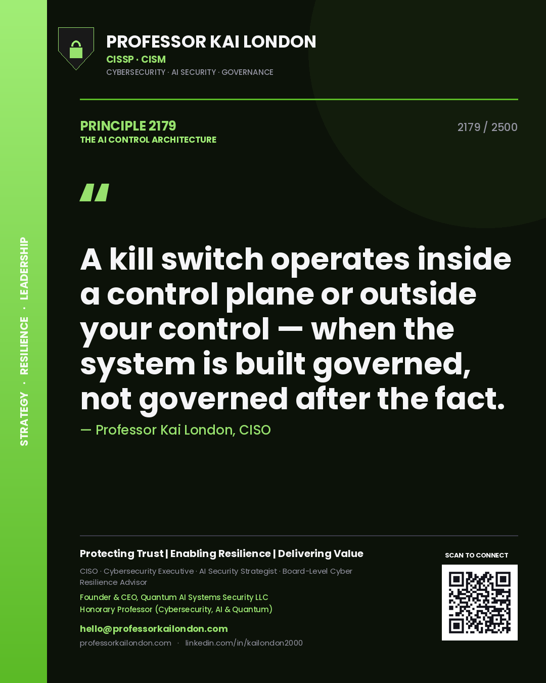 Quote card by Professor Kai London reading 'A kill switch operates inside a control plane or outside your control — when the system is built governed, not governed after the fact.'. From the book The AI Control Architecture.