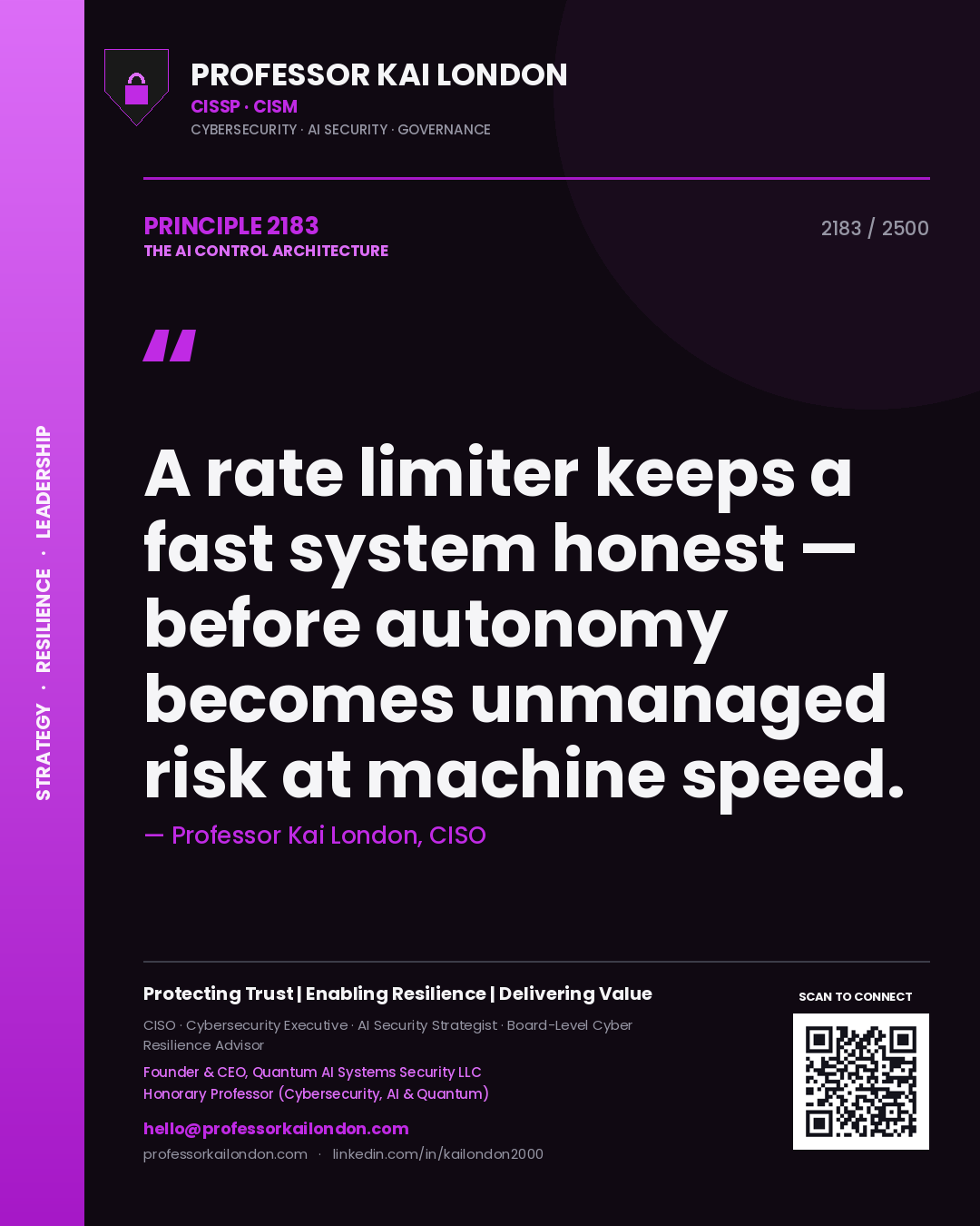 Quote card by Professor Kai London reading 'A rate limiter keeps a fast system honest — before autonomy becomes unmanaged risk at machine speed.'. From the book The AI Control Architecture.