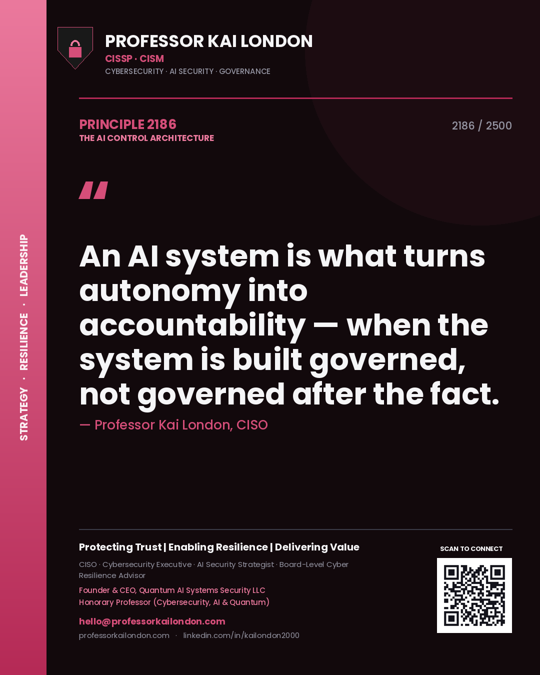 Quote card by Professor Kai London reading 'An AI system is what turns autonomy into accountability — when the system is built governed, not governed after the fact.'. From the book The AI Control Architecture.