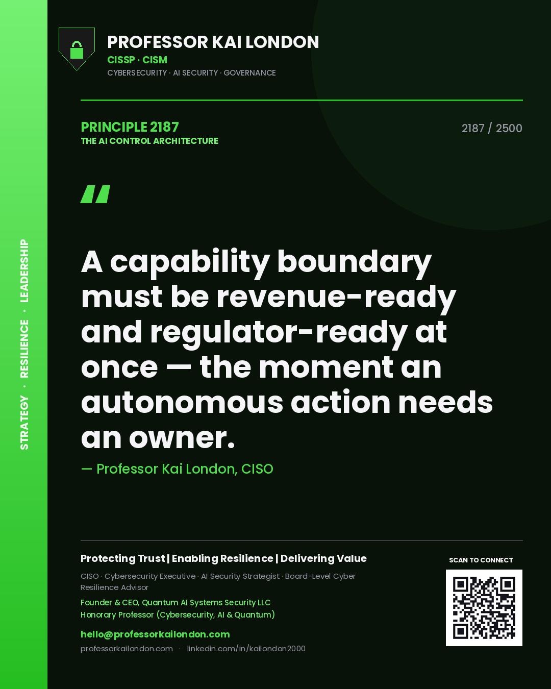 Quote card by Professor Kai London reading 'A capability boundary must be revenue-ready and regulator-ready at once — the moment an autonomous action needs an owner.'. From the book The AI Control Architecture.