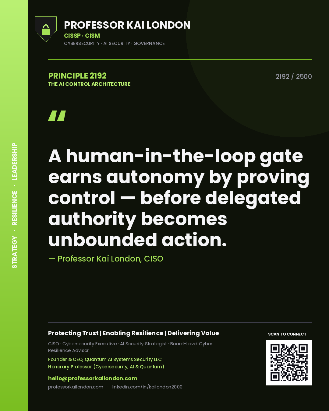 Quote card by Professor Kai London reading 'A human-in-the-loop gate earns autonomy by proving control — before delegated authority becomes unbounded action.'. From the book The AI Control Architecture.