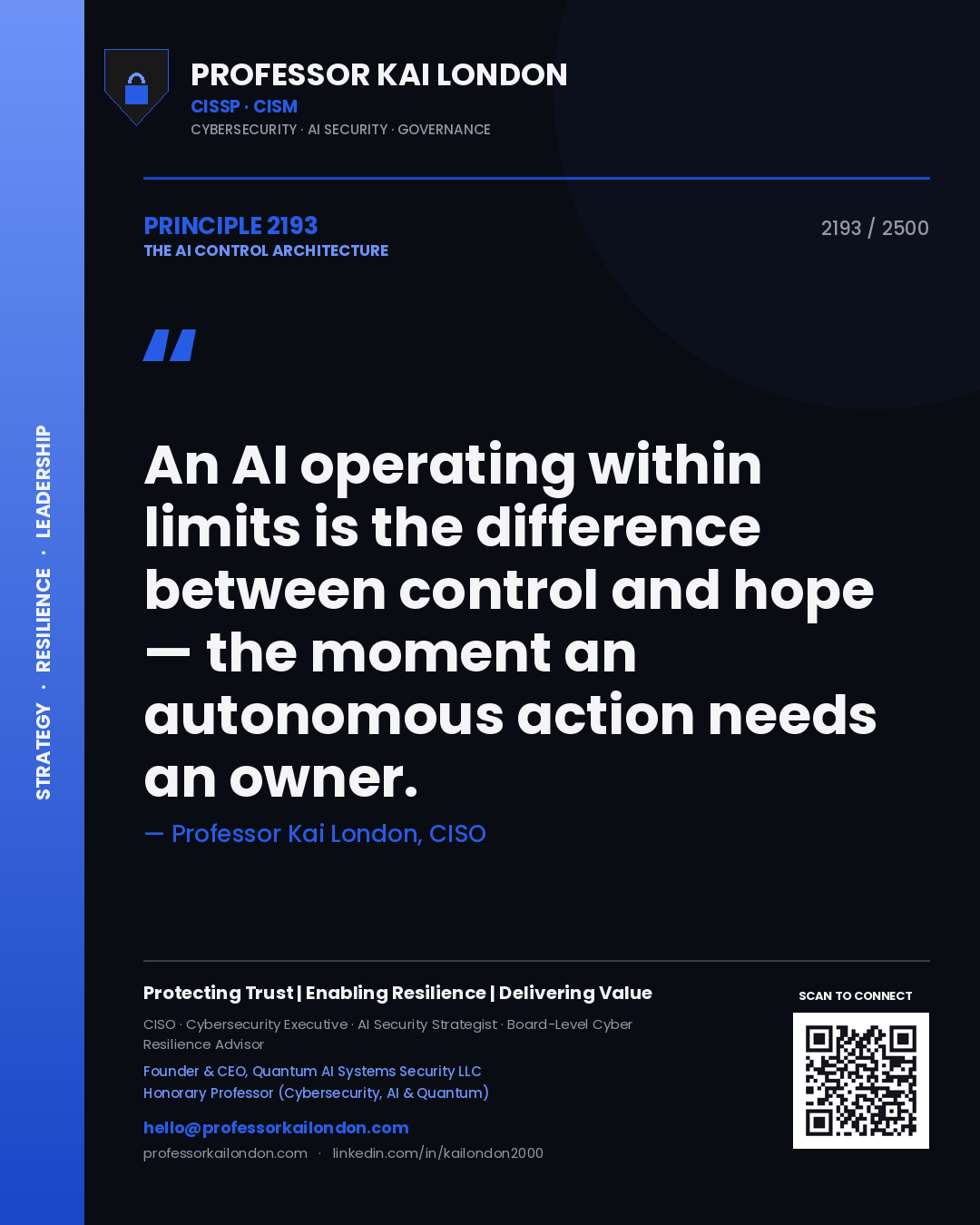 Quote card by Professor Kai London reading 'An AI operating within limits is the difference between control and hope — the moment an autonomous action needs an owner.'. From the book The AI Control Architecture.