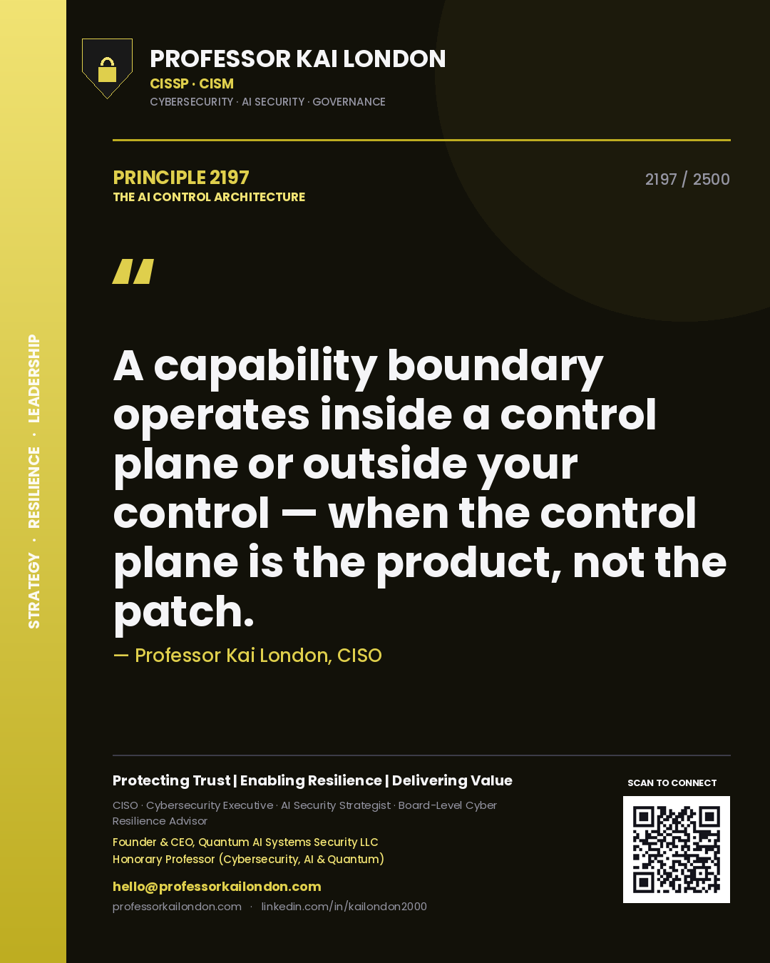 Quote card by Professor Kai London reading 'A capability boundary operates inside a control plane or outside your control — when the control plane is the product, not the patch.'. From the book The AI Control Architecture.