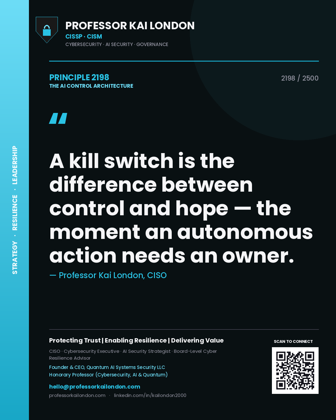 Quote card by Professor Kai London reading 'A kill switch is the difference between control and hope — the moment an autonomous action needs an owner.'. From the book The AI Control Architecture.