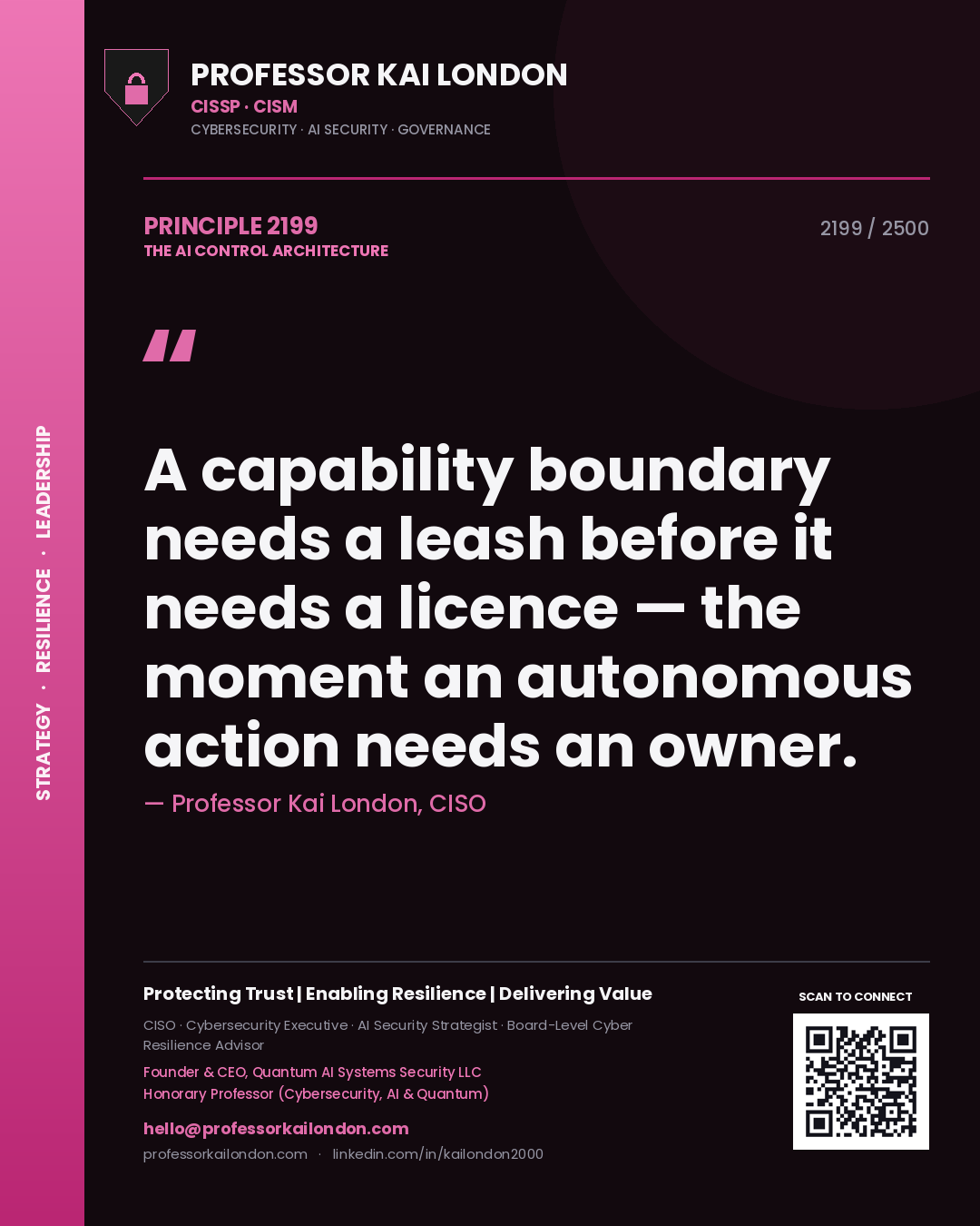 Quote card by Professor Kai London reading 'A capability boundary needs a leash before it needs a licence — the moment an autonomous action needs an owner.'. From the book The AI Control Architecture.