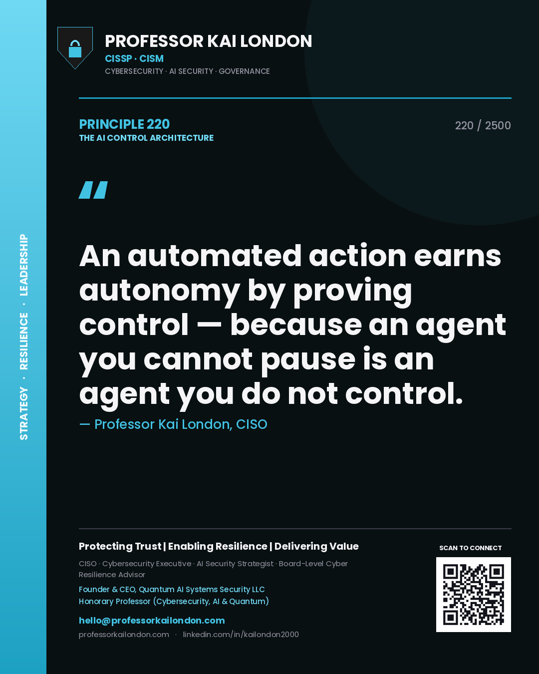 Quote card by Professor Kai London reading 'An automated action earns autonomy by proving control — because an agent you cannot pause is an agent you do not control.'. From the book The AI Control Architecture.