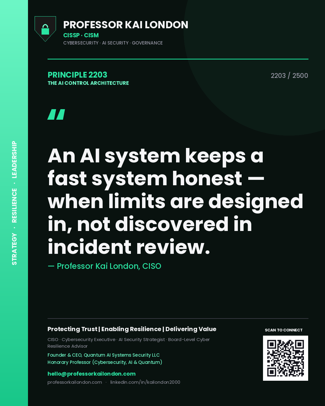 Quote card by Professor Kai London reading 'An AI system keeps a fast system honest — when limits are designed in, not discovered in incident review.'. From the book The AI Control Architecture.
