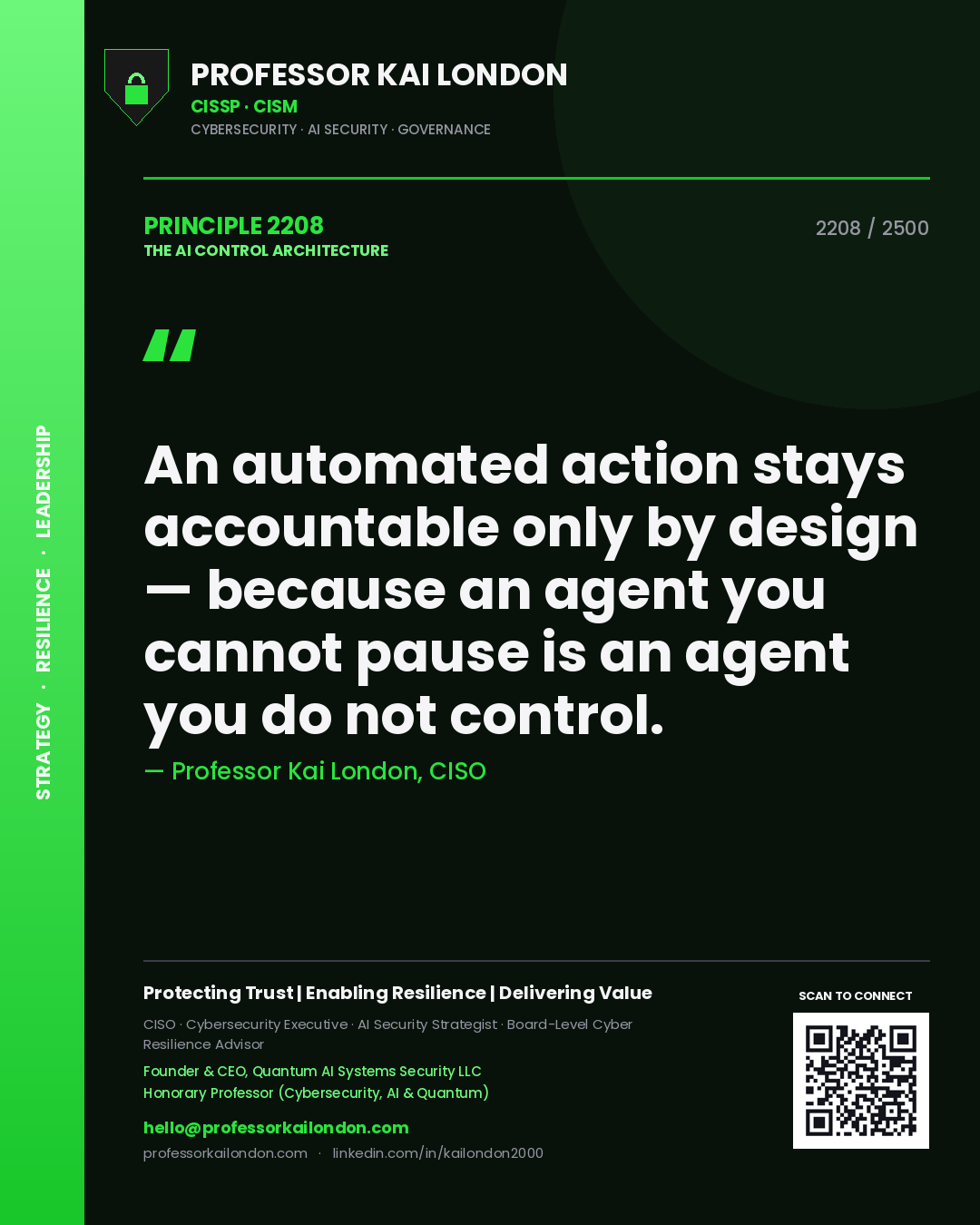 Quote card by Professor Kai London reading 'An automated action stays accountable only by design — because an agent you cannot pause is an agent you do not control.'. From the book The AI Control Architecture.