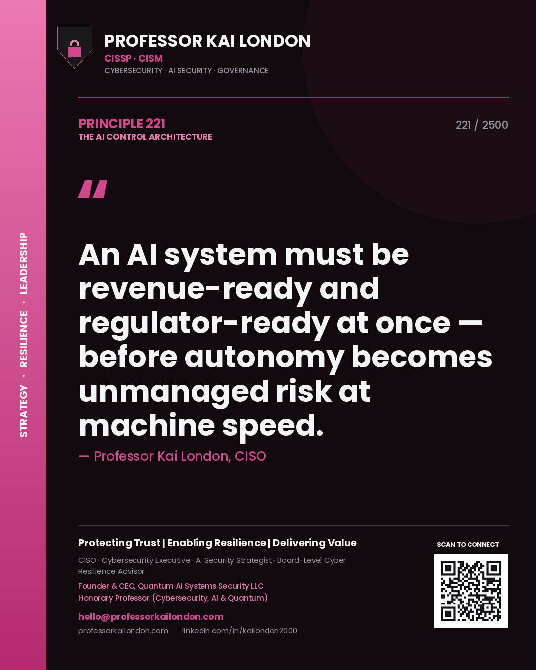 Quote card by Professor Kai London reading 'An AI system must be revenue-ready and regulator-ready at once — before autonomy becomes unmanaged risk at machine speed.'. From the book The AI Control Architecture.
