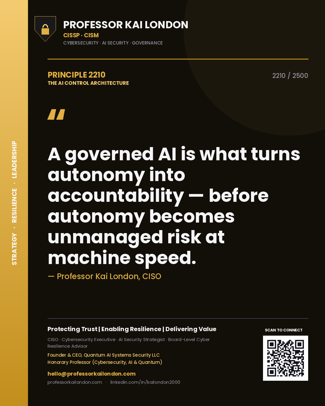 Quote card by Professor Kai London reading 'A governed AI is what turns autonomy into accountability — before autonomy becomes unmanaged risk at machine speed.'. From the book The AI Control Architecture.