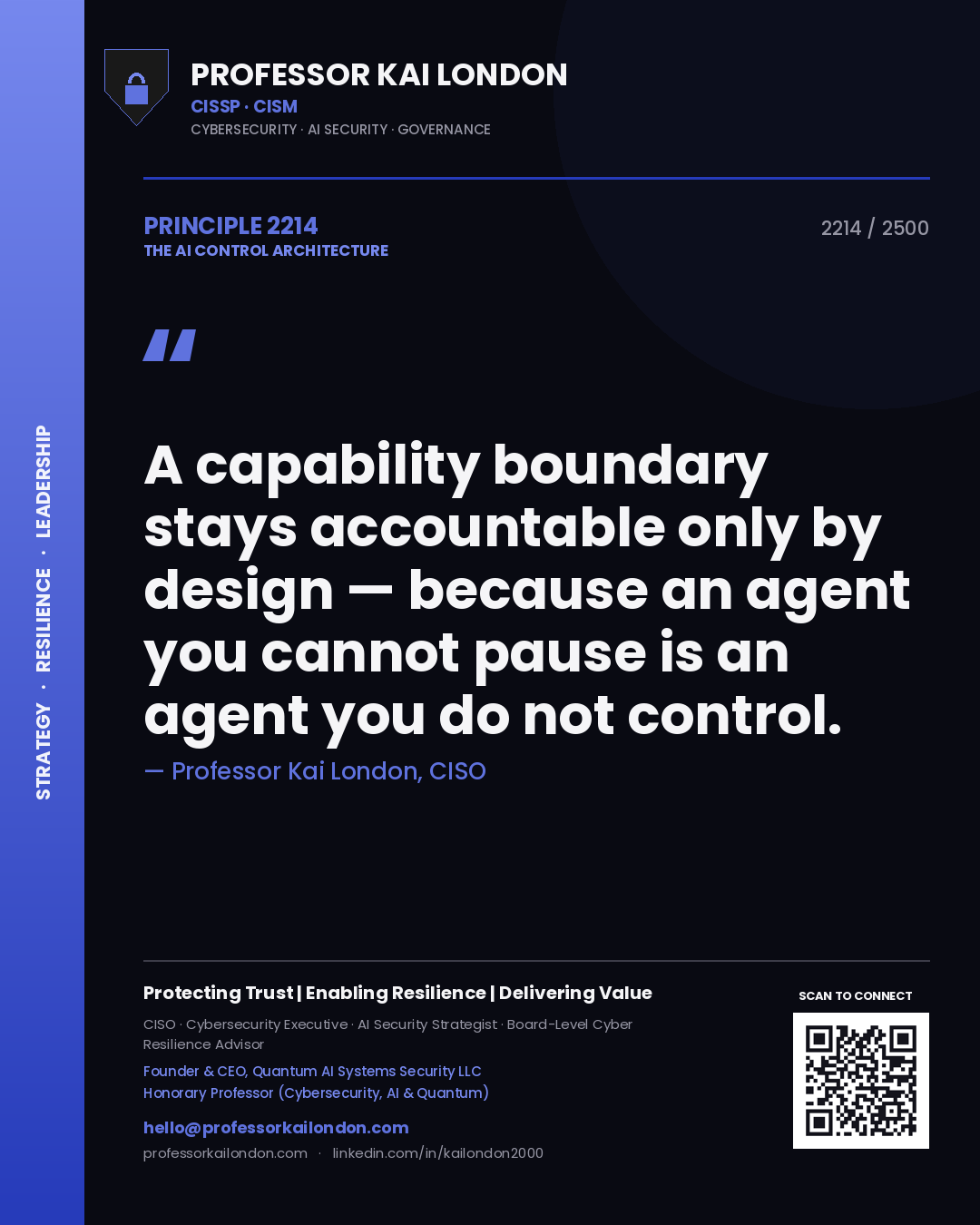 Quote card by Professor Kai London reading 'A capability boundary stays accountable only by design — because an agent you cannot pause is an agent you do not control.'. From the book The AI Control Architecture.