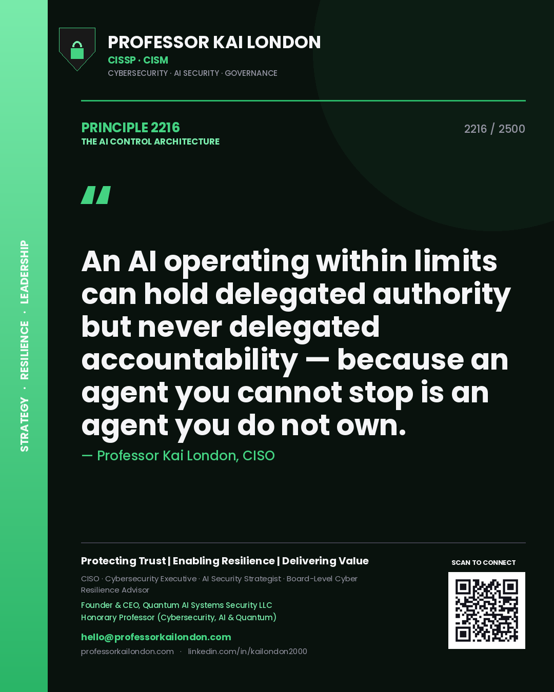 Quote card by Professor Kai London reading 'An AI operating within limits can hold delegated authority but never delegated accountability — because an agent you cannot stop is an agent you do not own.'. From the book The AI Control Architecture.