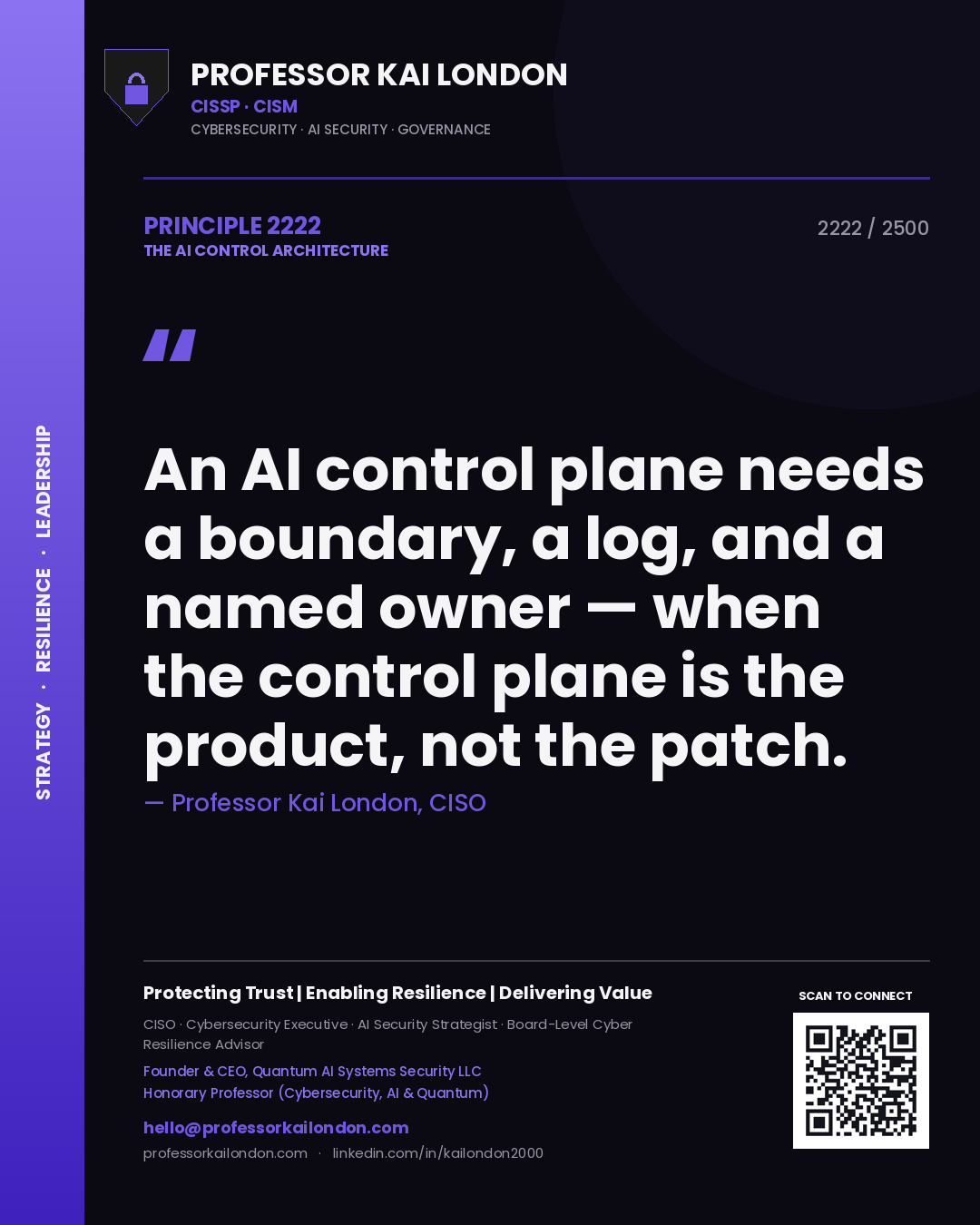 Quote card by Professor Kai London reading 'An AI control plane needs a boundary, a log, and a named owner — when the control plane is the product, not the patch.'. From the book The AI Control Architecture.