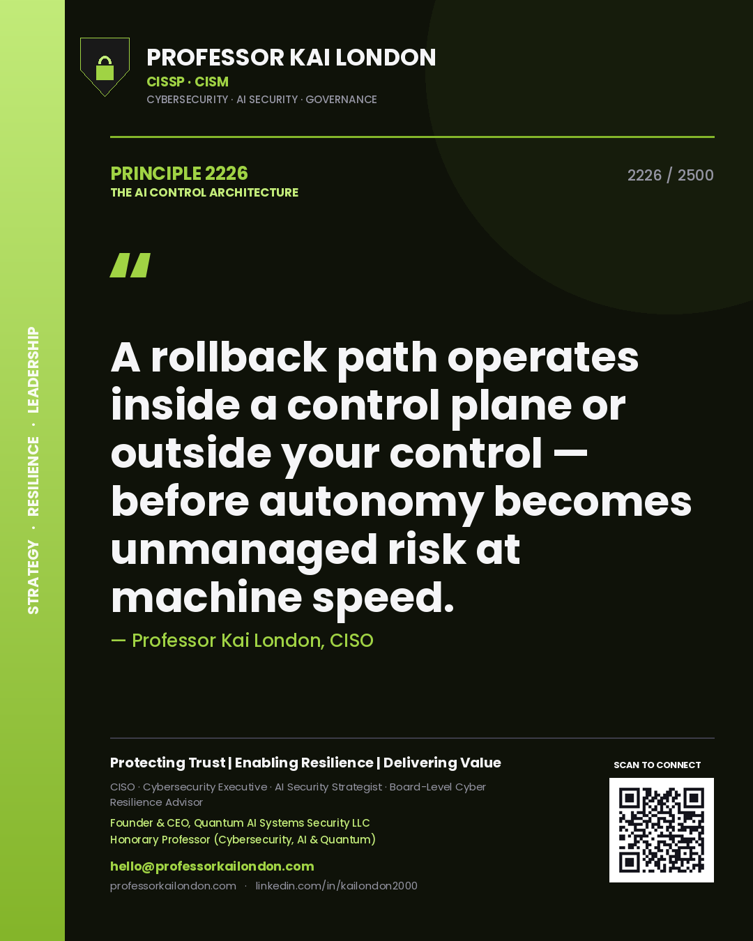 Professor Kai London principle 2226: A rollback path operates inside a control plane or outside your control — before autonomy becomes unmanaged risk at machine speed.