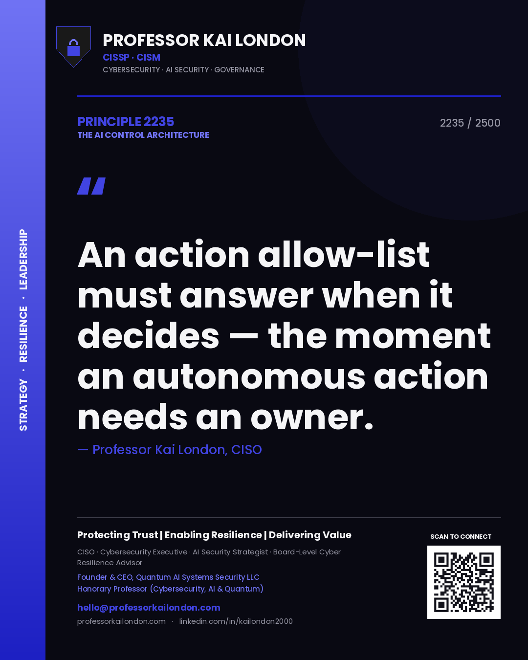Quote card by Professor Kai London reading 'An action allow-list must answer when it decides — the moment an autonomous action needs an owner.'. From the book The AI Control Architecture.
