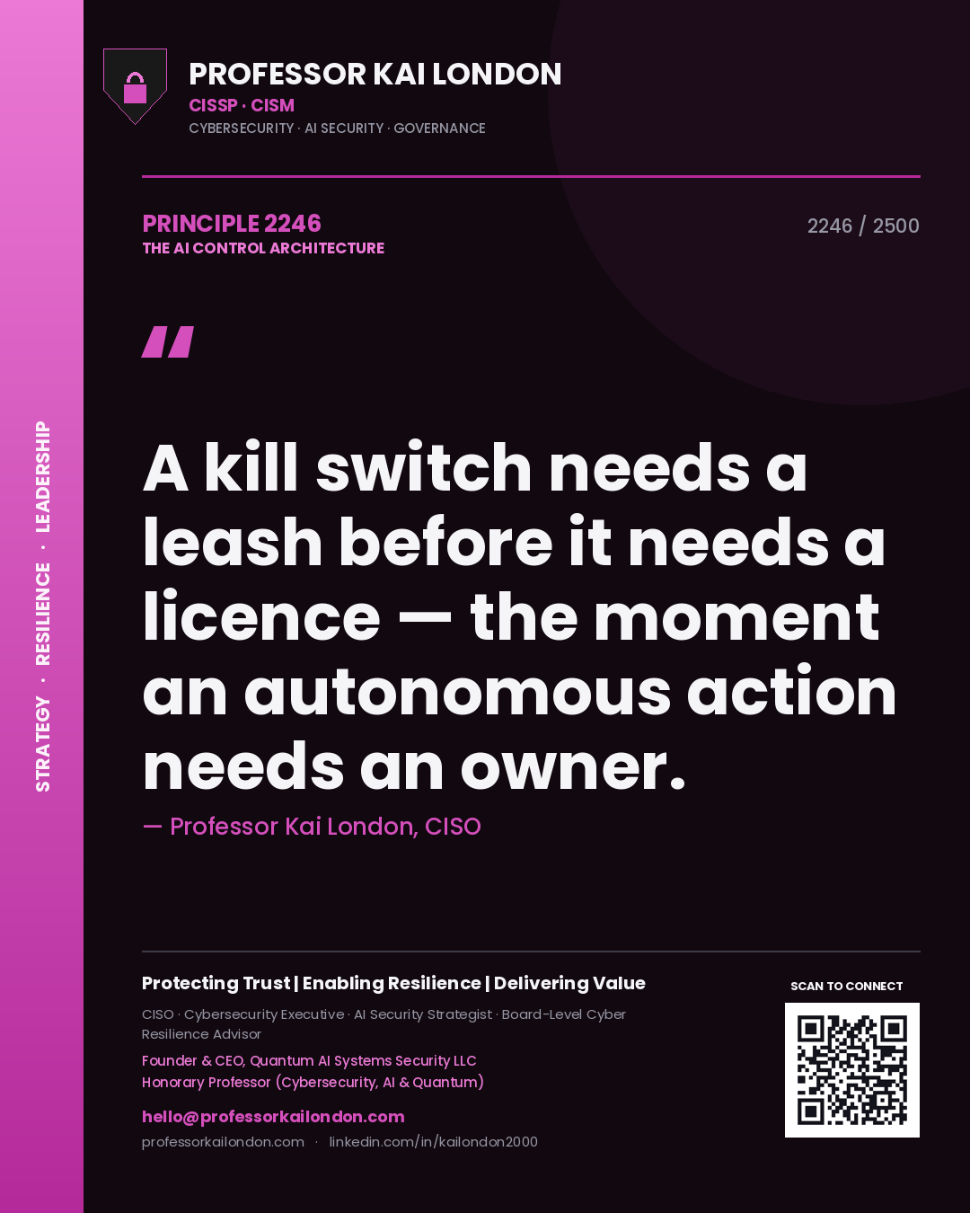 Quote card by Professor Kai London reading 'A kill switch needs a leash before it needs a licence — the moment an autonomous action needs an owner.'. From the book The AI Control Architecture.