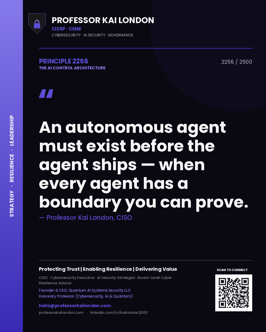 Quote card by Professor Kai London reading 'An autonomous agent must exist before the agent ships — when every agent has a boundary you can prove.'. From the book The AI Control Architecture.